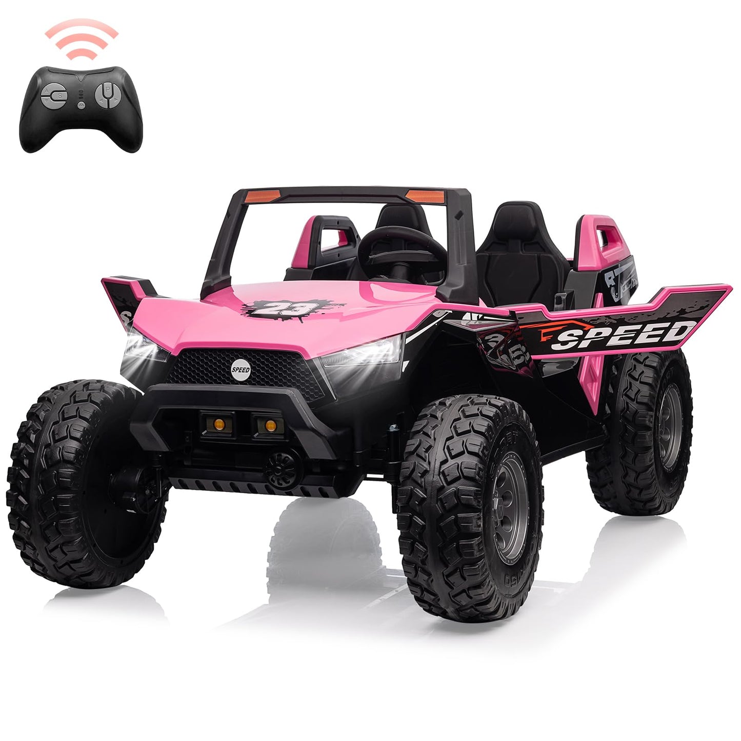Garvee Ride - P Series: 24V 2-Seater Ride-On UTV: Remote Control, 4WD Motors, 21" Seats + Foldable Seat, 15.4" EVA Wheels, Music, LED Lights, 140lb Max Load - Pink