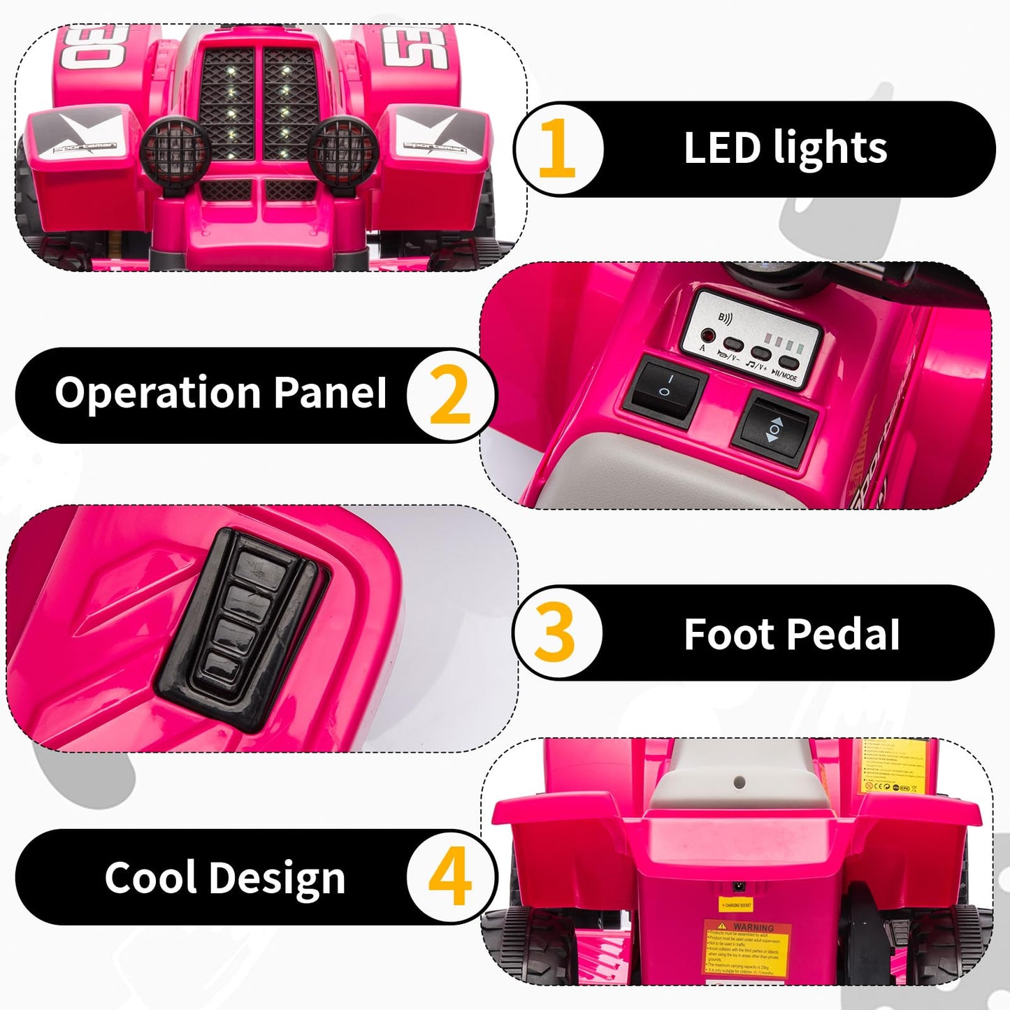Garvee Ride - P Series: 6V Kids Ride On Electric ATV, Ride Car with LED Headlights, Ride-On Toy for Toddlers 1-3 Boys & Girls with Music, Forward & Reverse - Rose