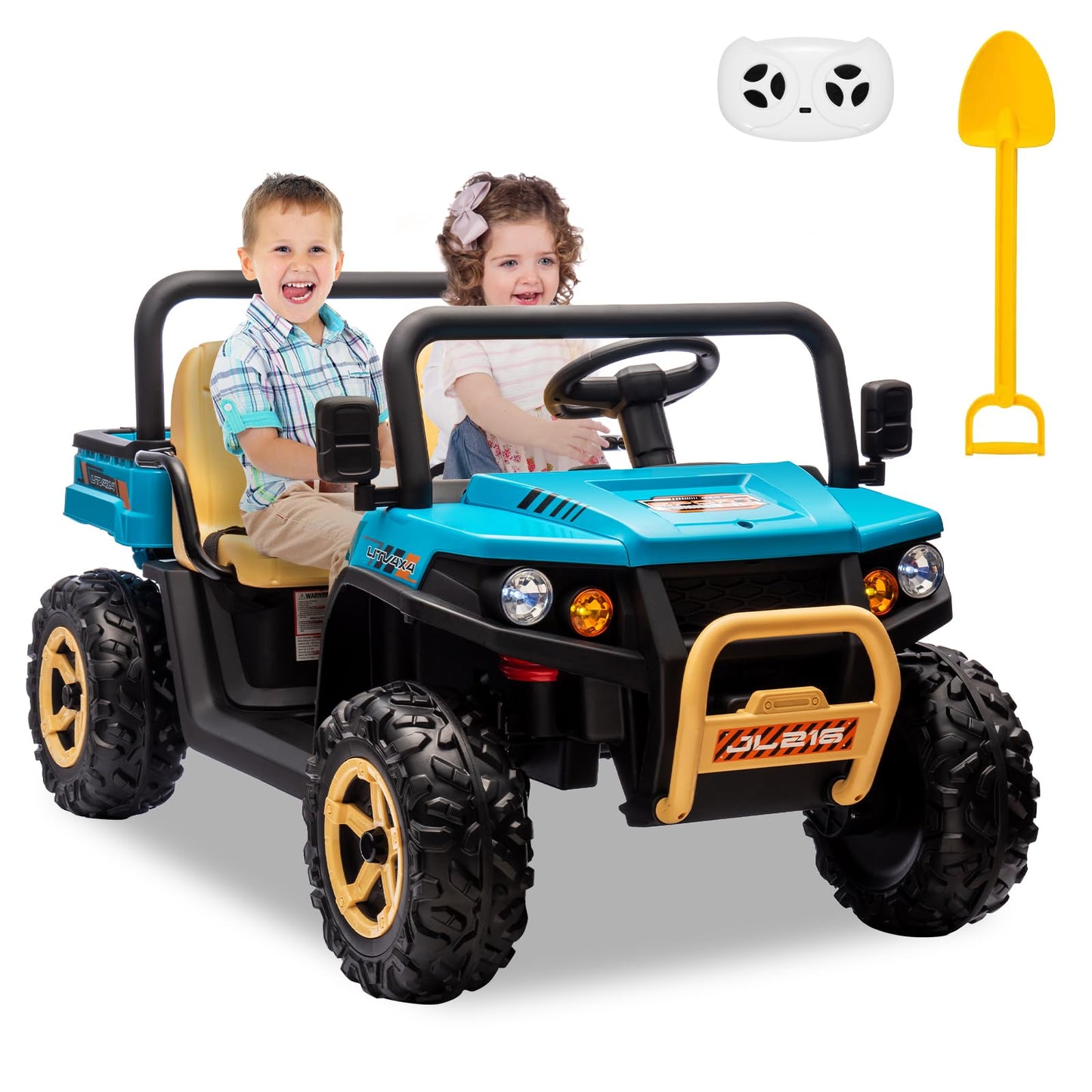 Garvee Ride - P Series: 24v Ride On Dump Truck, 2 Seater Electric Ride On Car Toy for Kids, Battery Powered UTV with 4x35W Motors, Shovel, Bluetooth, Remote Control, Music, LED Lights for Boys & Girls - Blue