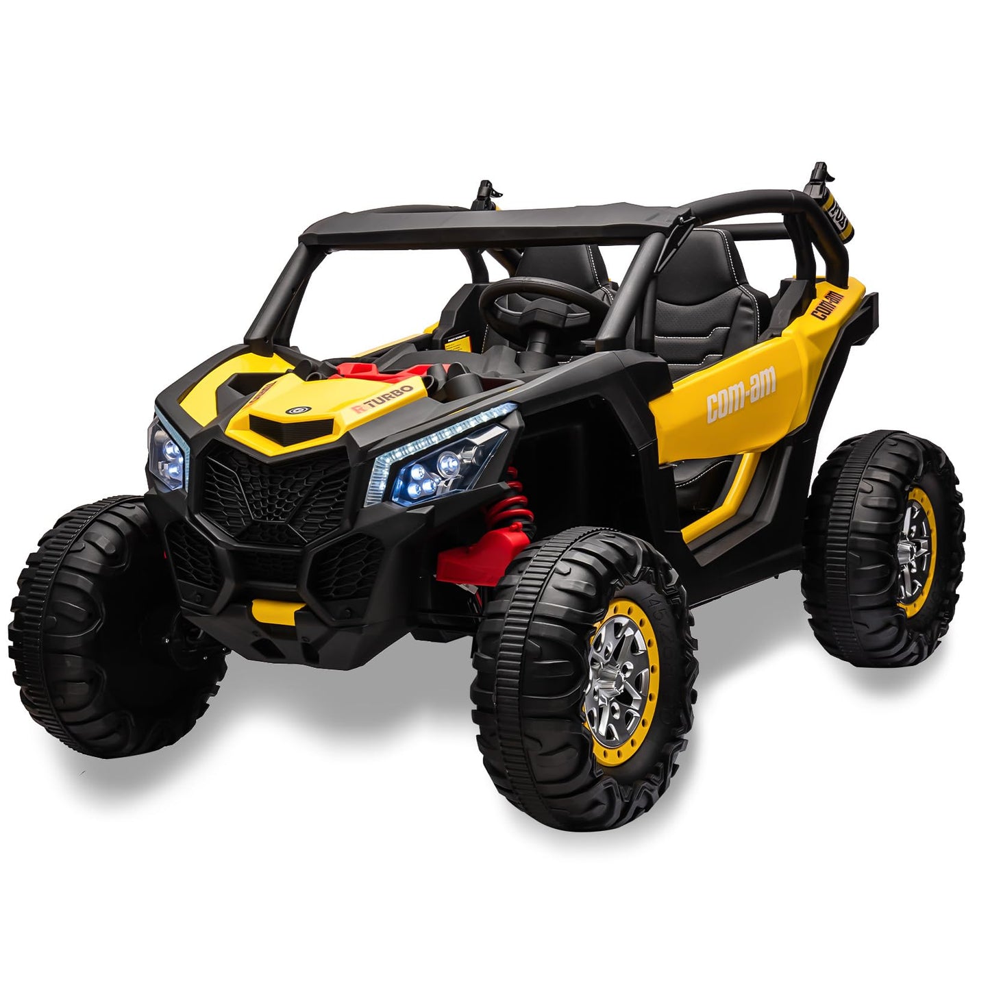 Garvee Ride - P Series: 24V 2 Seater Kids Ride on UTV Car For age 3+, w/Remote Control, 4WD Powerful Electric Vehicle with 4x75W Motors, 4 Shock Absorber, Leather Seat, Music and Light - Yellow