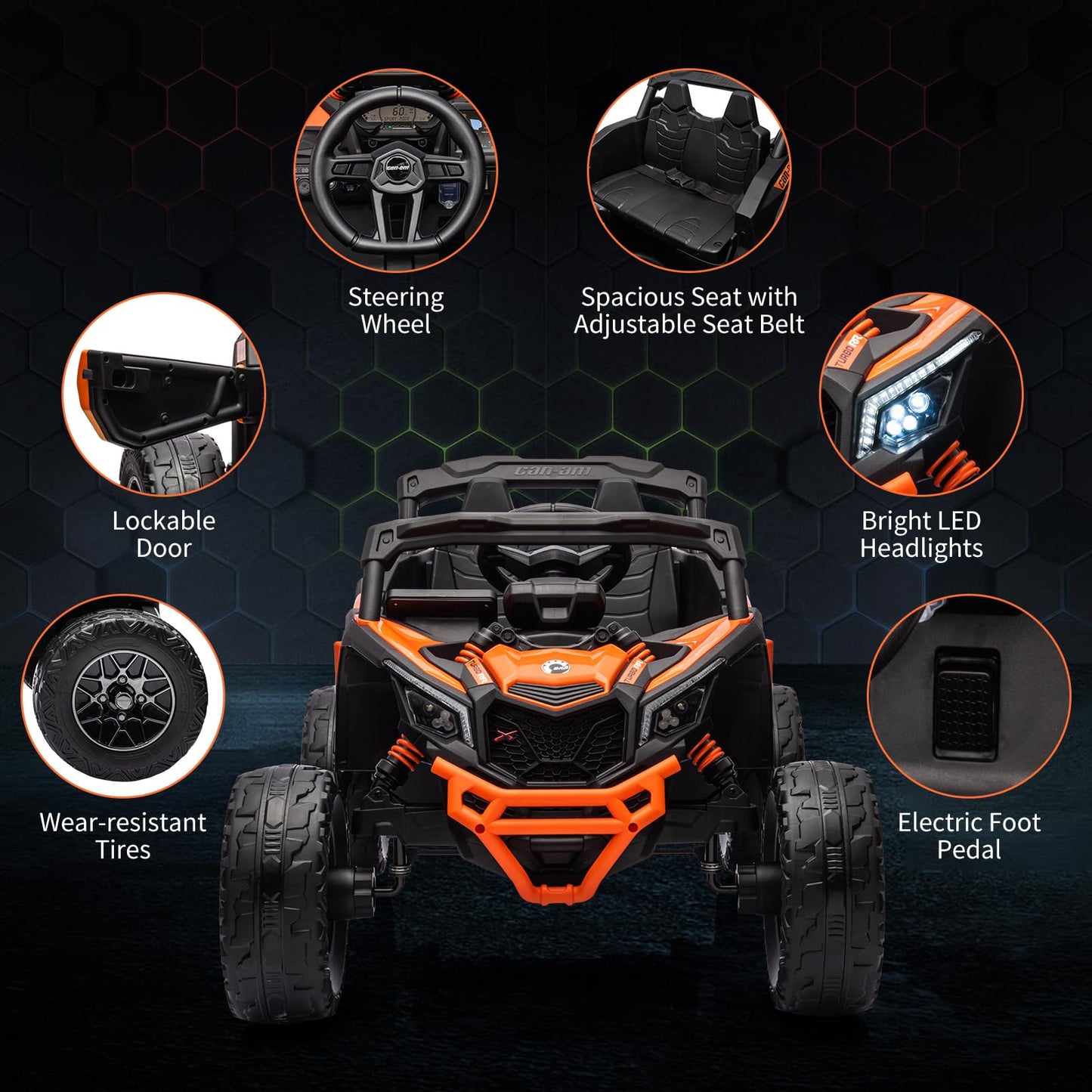 Garvee Ride - P Series: 12V Can-Am Ride-On UTV: Remote Control, Large Seat, Music, LED Lights, Spring Suspension, for Boys & Girls - Orange