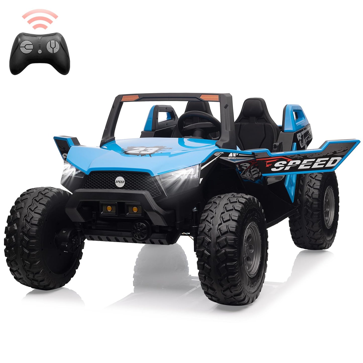 Garvee Ride - P Series: 24V 2-Seater Ride-On UTV: Remote Control, 4WD Motors, 21" Seats + Foldable Seat, 15.4" EVA Wheels, Music, LED Lights, 140lb Max Load - Blue
