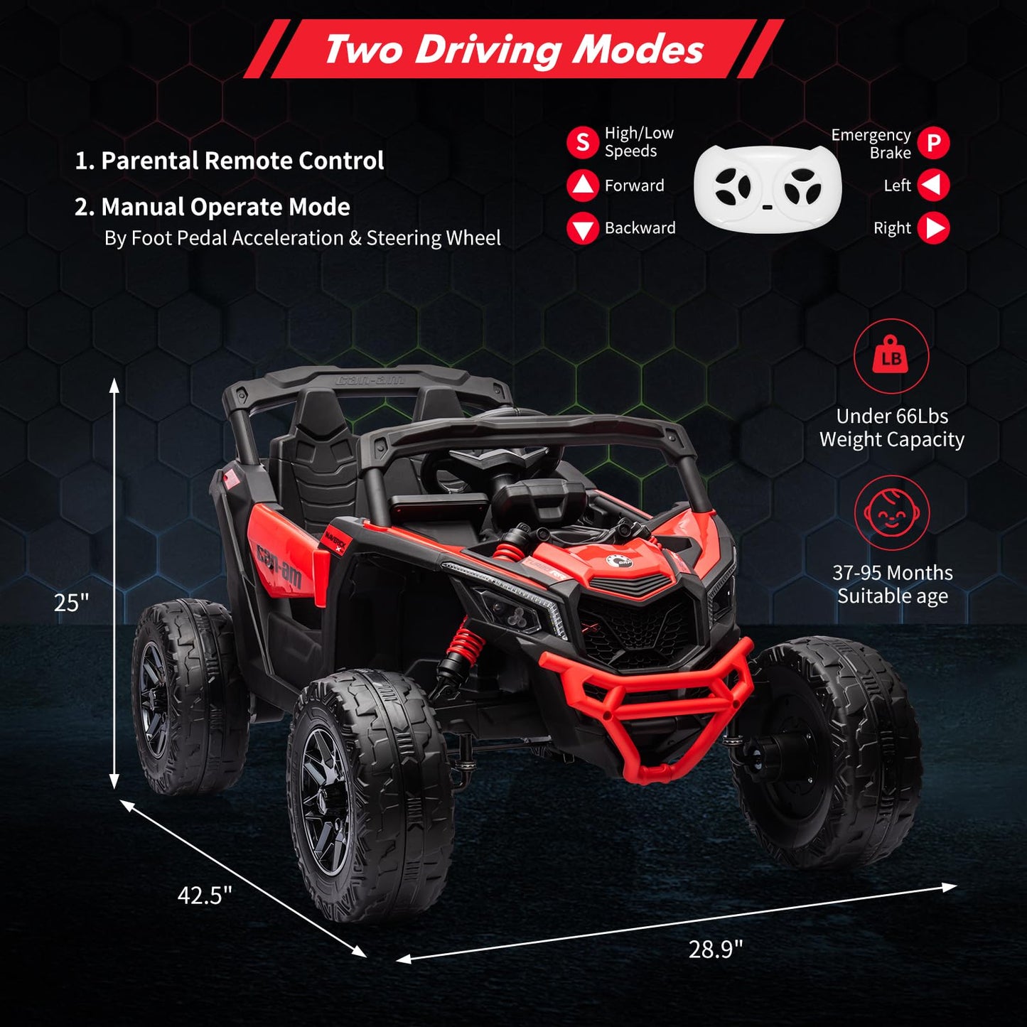 Garvee Ride - P Series: 12V Can-Am Ride-On UTV: Remote Control, Large Seat, Music, LED Lights, Spring Suspension, for Boys & Girls - Red