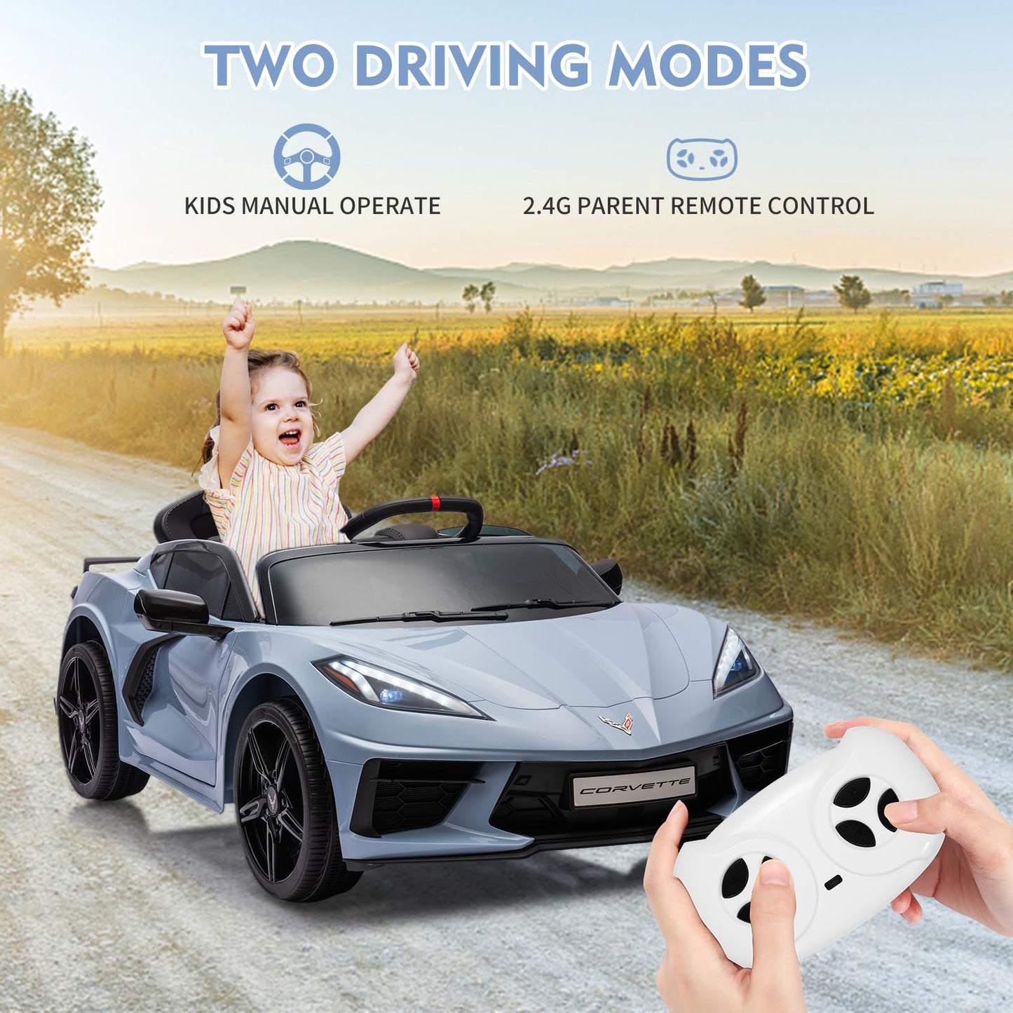 Garvee Ride - P Series: 12V Kids Ride on Car Licensed Corvette Battery Powered Car Toddles Electric Sports Car Toy with Remote Control, Visual Dashboard, LED Lights, Music, Gifts for Boys Girls, Light Blue