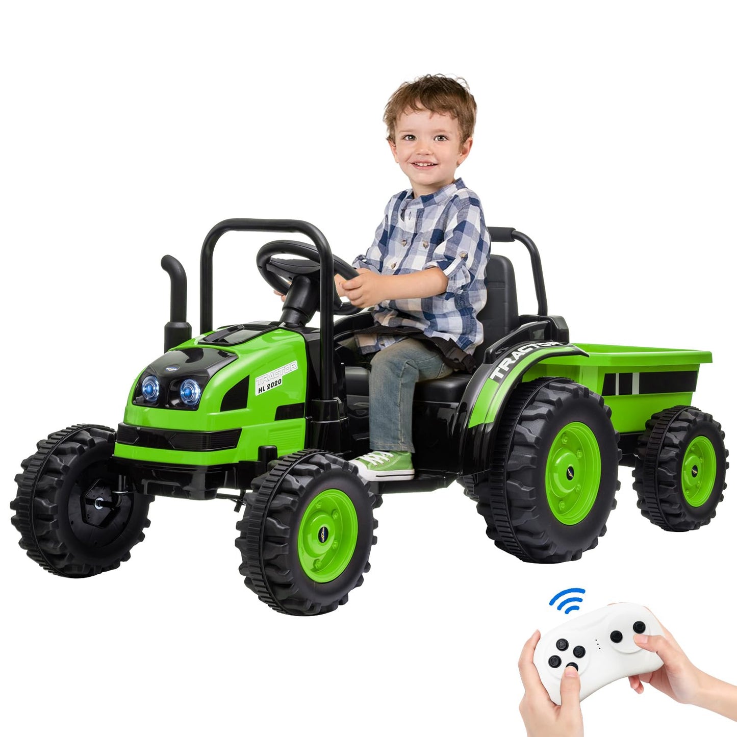 Garvee Ride - P Series: 12V Electric Ride-On Tractor for Kids with Trailer, Remote Control, Music, LED Lights, and Rear Wheel Suspension - Battery Powered Toy Vehicle - Green