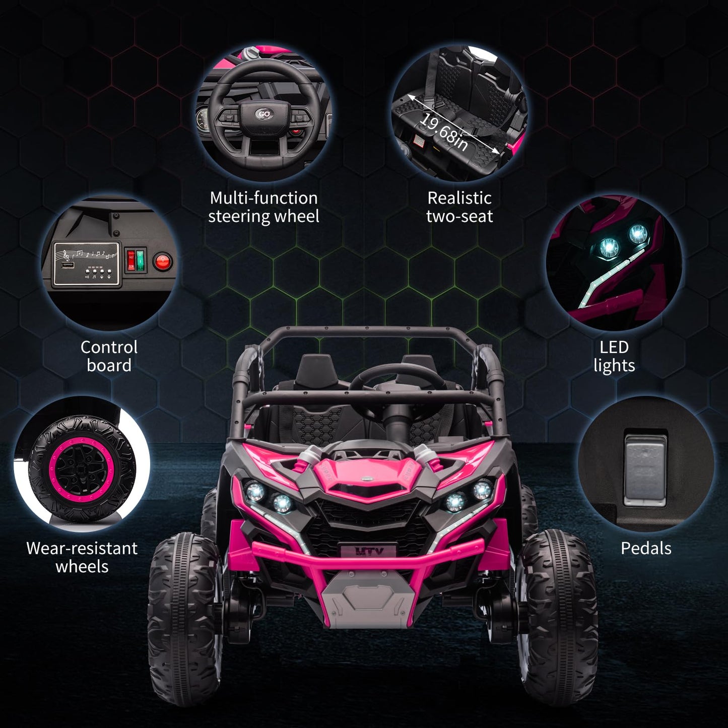 Garvee Ride - P Series: 24V Ride On Utv For Kids,2 Seater 4WD Electric Truck With Remote Control, High And Low Speed Adjustment, Led Lights, 4 Shock Absorbersm,One Click Start, Music Player(Rose)