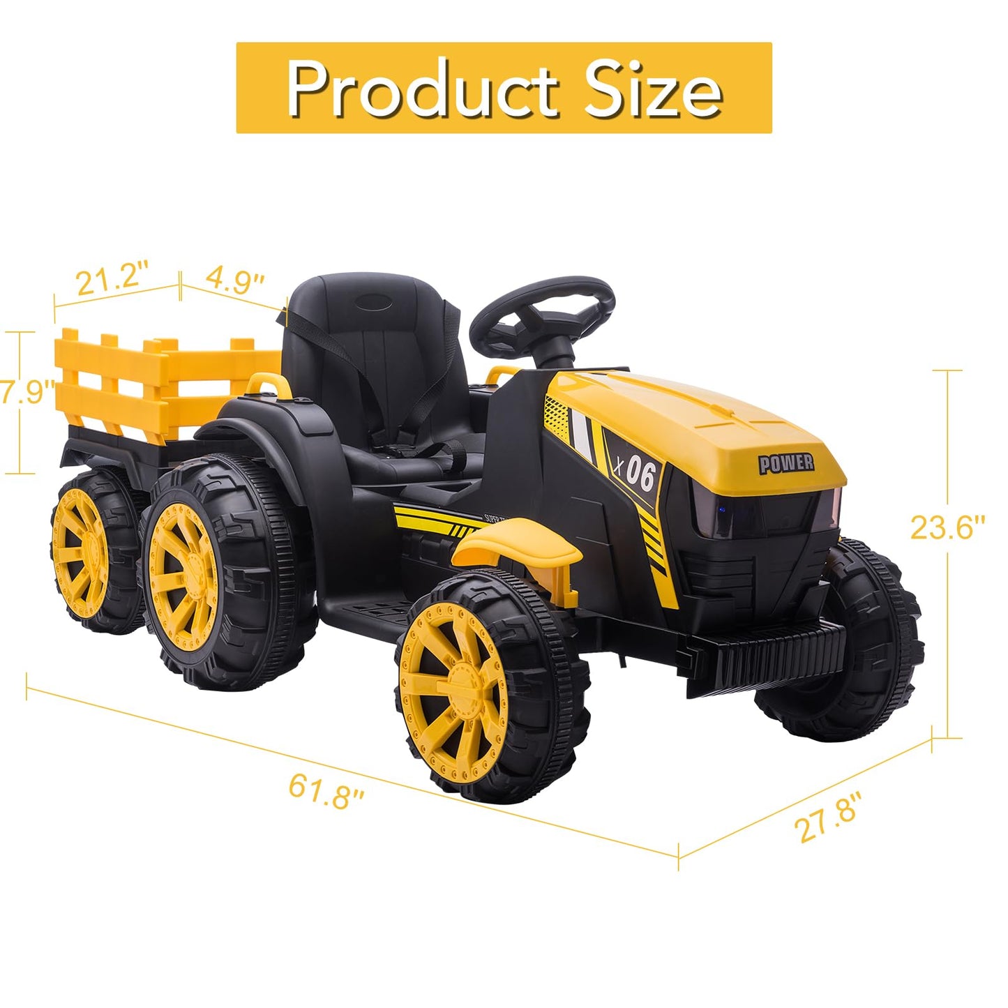 Garvee Ride - P Series: 12V Kids Ride On Tractor with Trailer, LED Lights for Boy Girl - Yellow