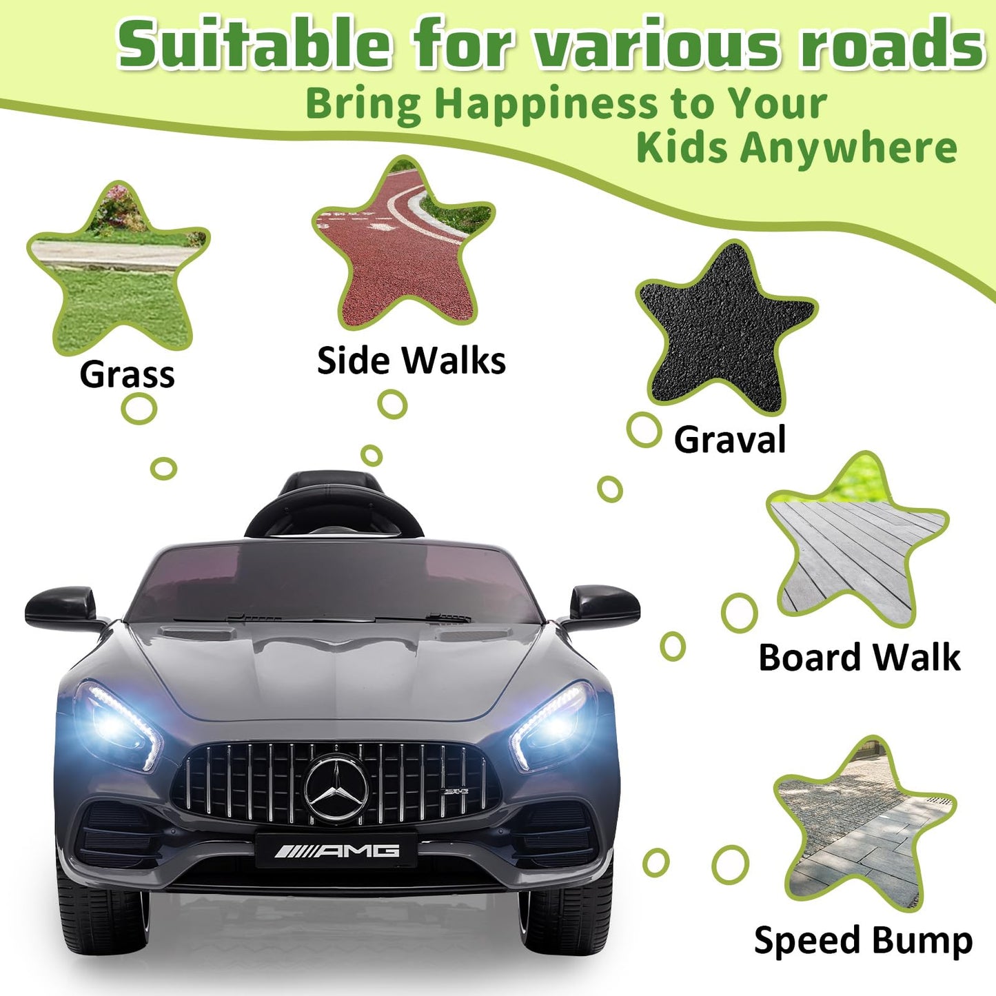 Garvee Ride Car for Kids, 12V Power Battery Electric Vehicles for 3-7 Toddlers, Licensed Mercedes-Benz with Remote Control, MP3 Player - Grey