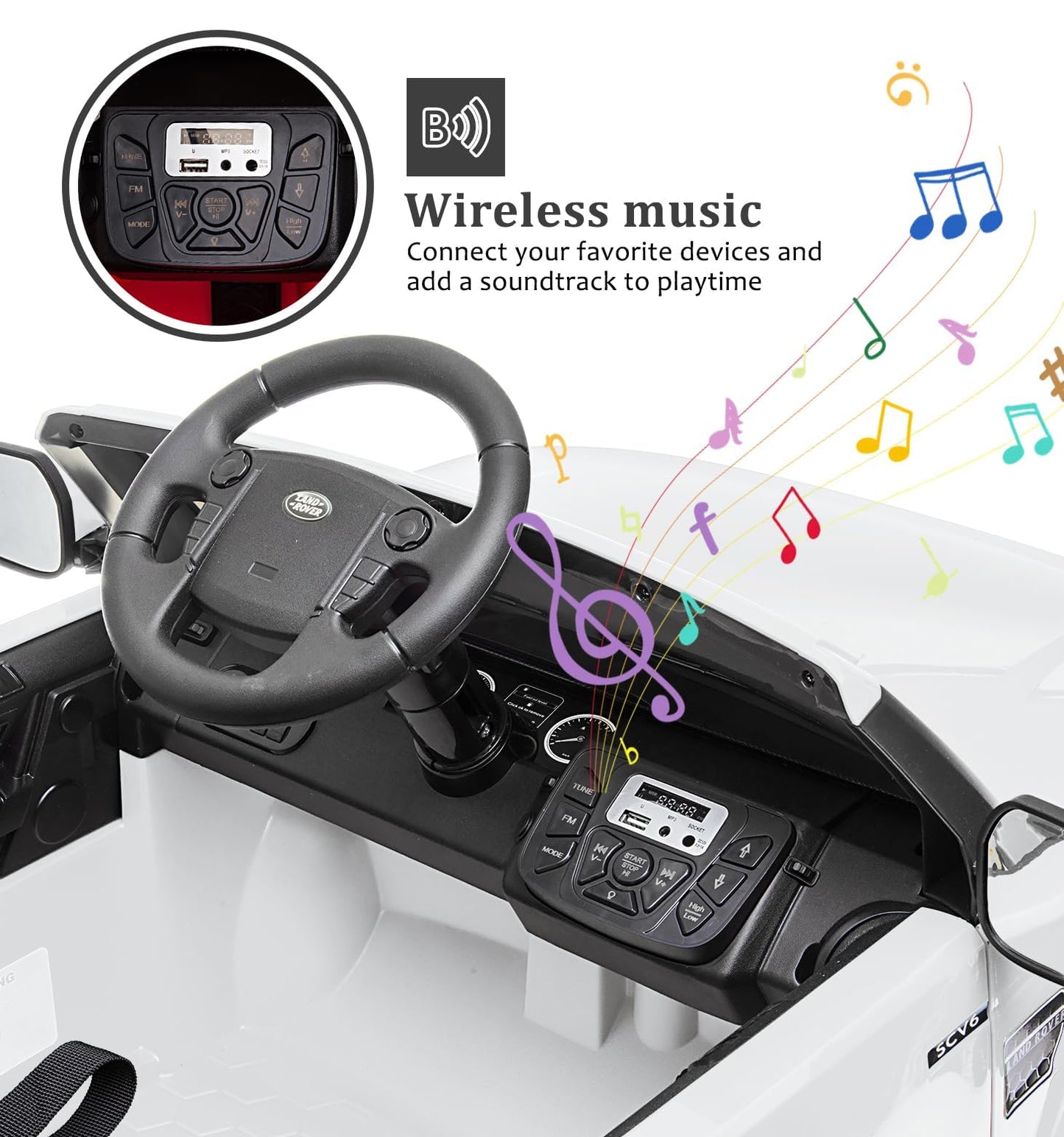 Garvee Ride - P Series: 12V Electric with Remote, Music Player, MP3, LED Lights, 4 Wheels, White