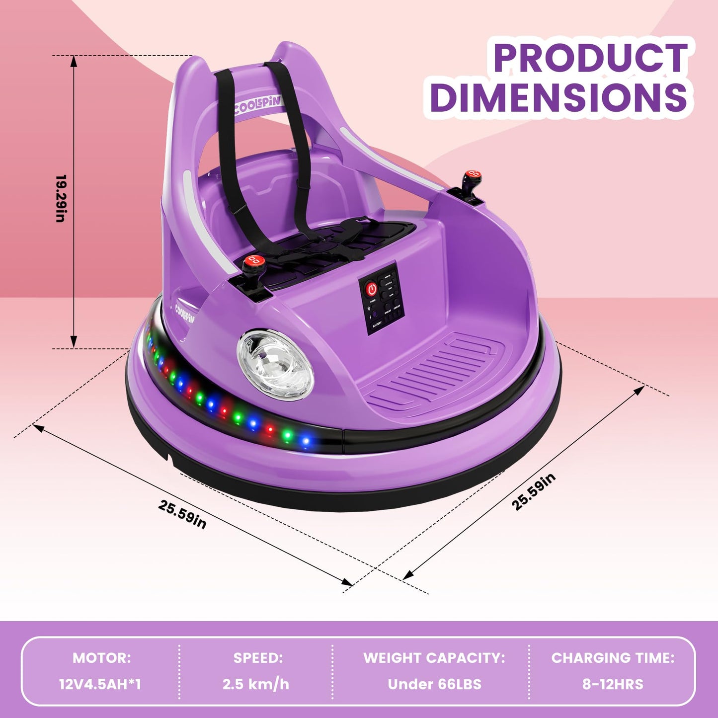 Garvee Ride - P Series: 12V Ride on Toddler Bumping Car W/Remote Control, LED Lights & 360 Degree Spin, ASTM Certified - Purple