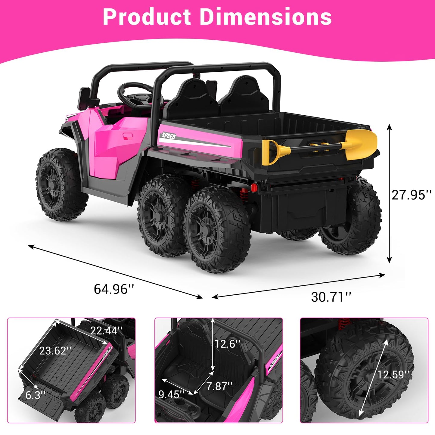 Garvee Ride - P Series: 24V 4WD Electric Ride On Dump Truck with Remote Control, 2-Seater, Music Player, LED Lights, Key Start Safety System, Durable Plastic, Off-Road Kids Toy for Ages 3+ - Pink