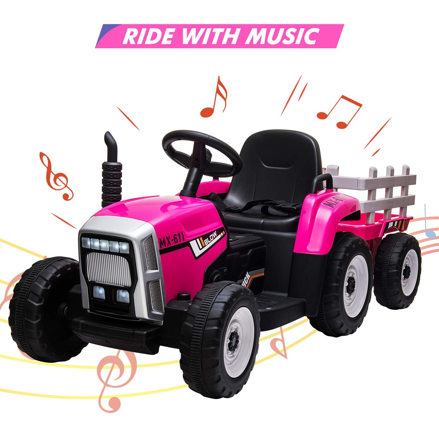 Garvee Ride - P Series: 12V Electric Tractor & Trailer for Kids, 3-6 Yrs - With RC - Rose / 25W
