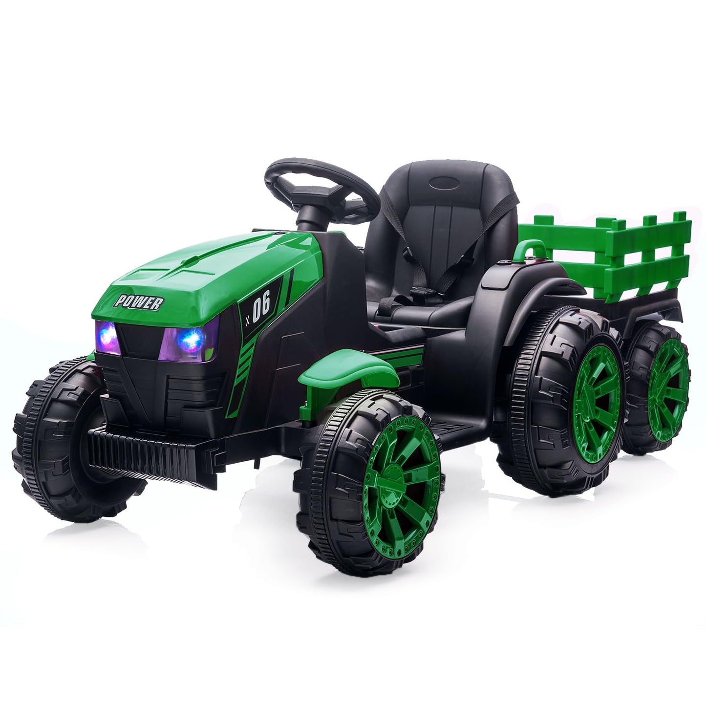 Garvee Ride - P Series: 12V Kids Ride On Tractor with Trailer, LED Lights, Battery Powered Toy Vehicle for Boys Girls, Outdoor Play Farm Truck Green