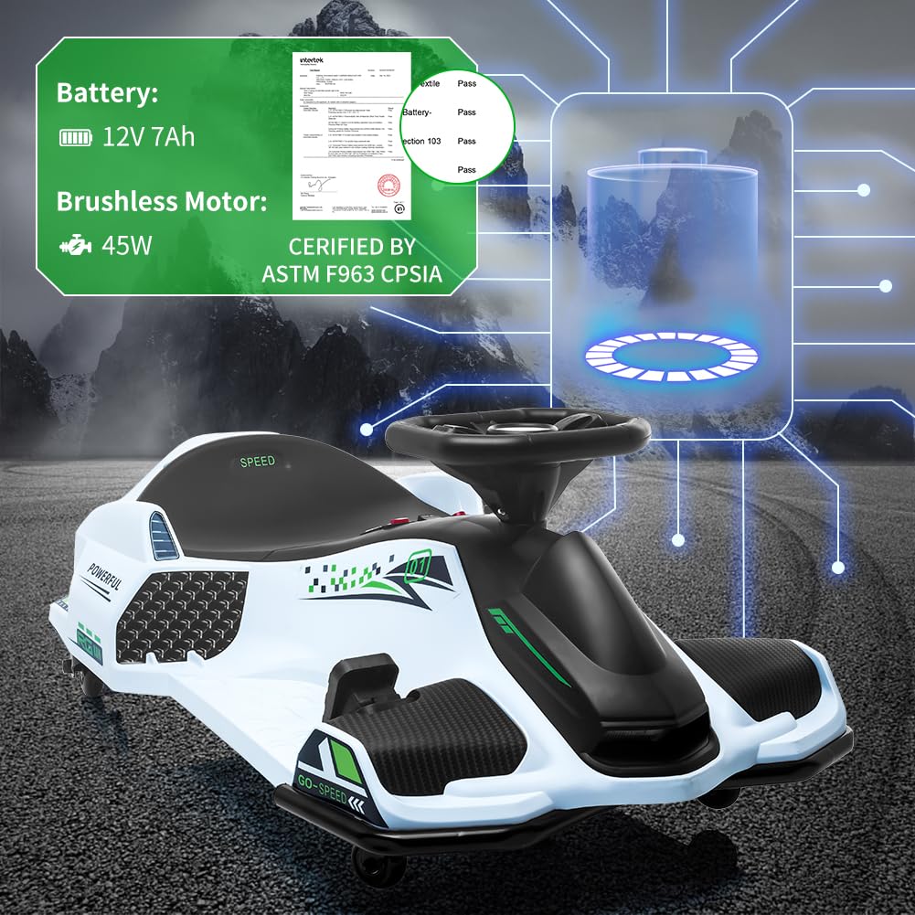 Garvee Ride - P Series: 12V Kids Ride on Drift Car for Kids, 7ah 45W Motor Electric Drifting Go-Kart Up to 5 mph Variable Speed, Built-in Music,Colorful Tail LED Light,USB,Low-Power Alarm,Max Load 110lbs, Blue - White