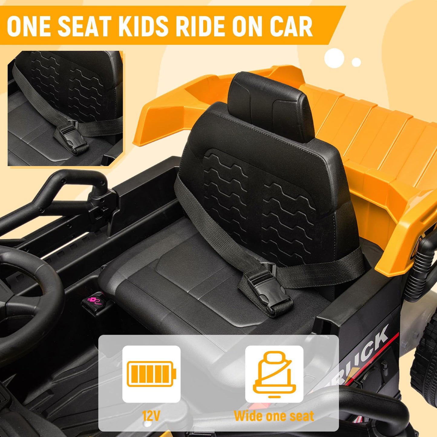 Garvee Ride - P Series: 12V Ride On Construction Vehicle for Kids With Remote Control, Electric Dump Bed,Shovel,Music Player, and Four Wheel Shock Absorption for Kids 3+(Yellow)