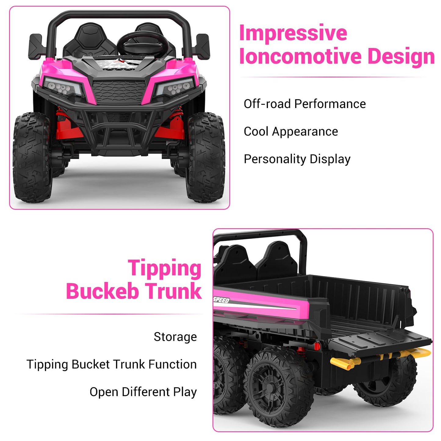 Garvee Ride - P Series: 24V 4WD Electric Ride On Dump Truck with Remote Control, 2-Seater, Music Player, LED Lights, Key Start Safety System, Durable Plastic, Off-Road Kids Toy for Ages 3+ - Pink