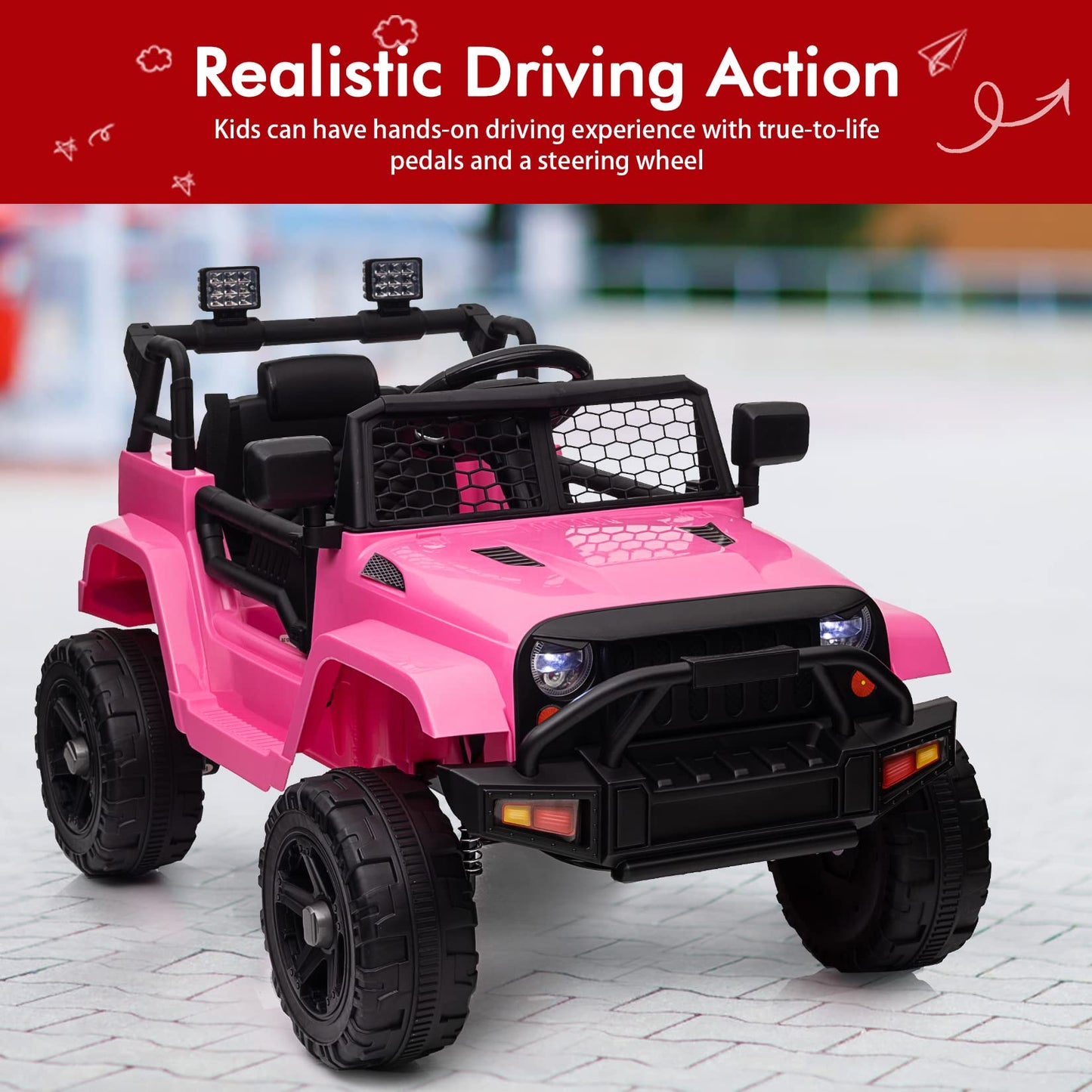 Garvee Ride - P Series: 12V Ride On Truck Car for kid : Remote Control, 3 Speeds, MP3 Music, Suspension, LED Lights,for 3+ Year Old - Pink
