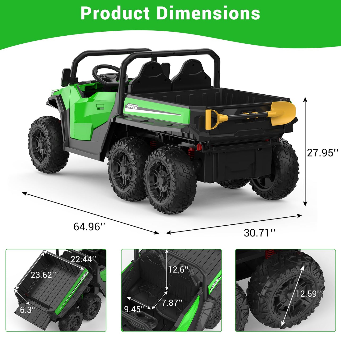 Garvee Ride - P Series: 24V 4WD Electric Ride On Dump Truck with Remote Control, 2-Seater, Music Player, LED Lights, Key Start Safety System, Durable Plastic, Off-Road Kids Toy for Ages 3+ - Green