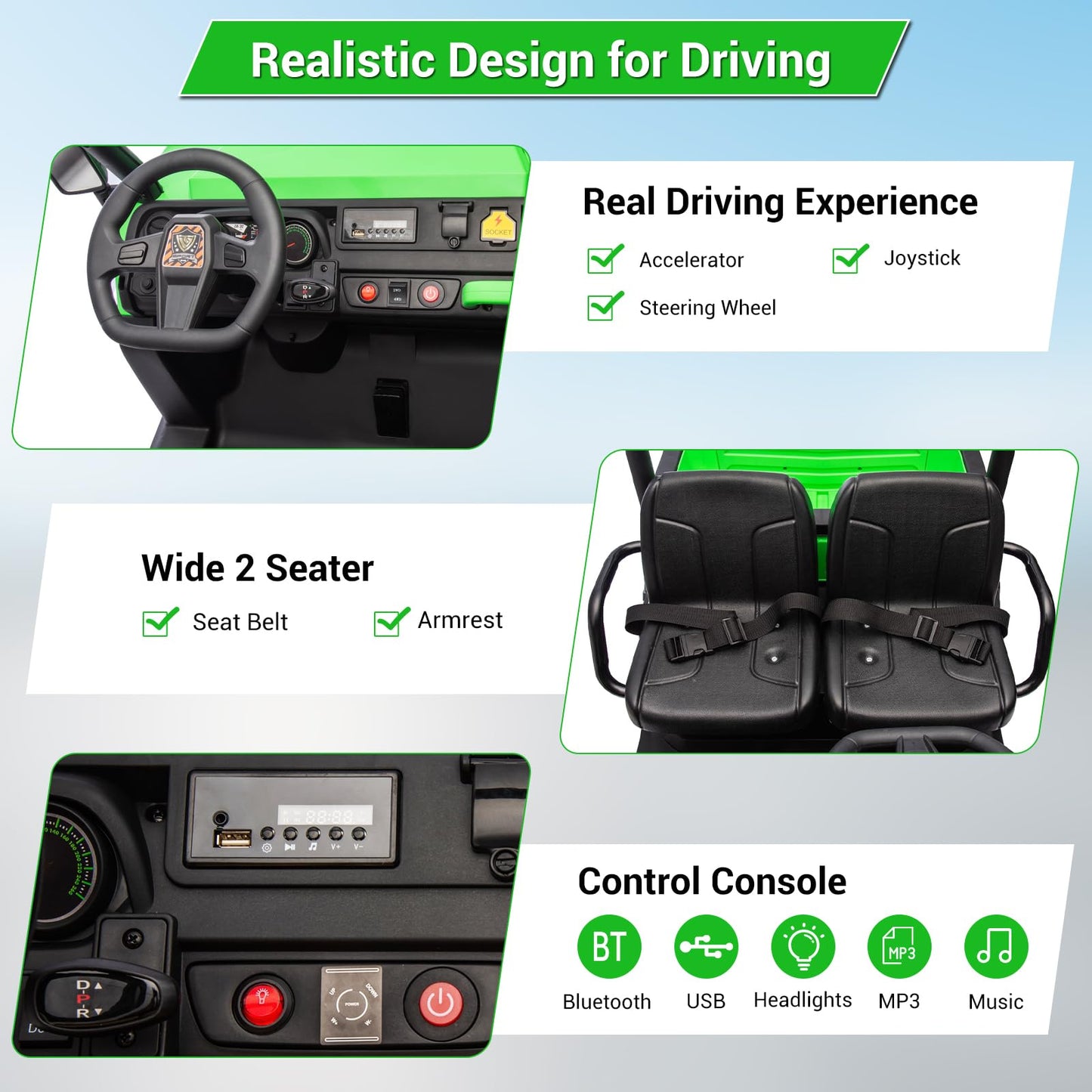 Garvee Ride - P Series: 24v Ride On Dump Truck, 2 Seater Electric Ride On Car Toy for Kids, Battery Powered UTV with 4x35W Motors, Shovel, Bluetooth, Remote Control, Music, LED Lights for Boys & Girls - Green