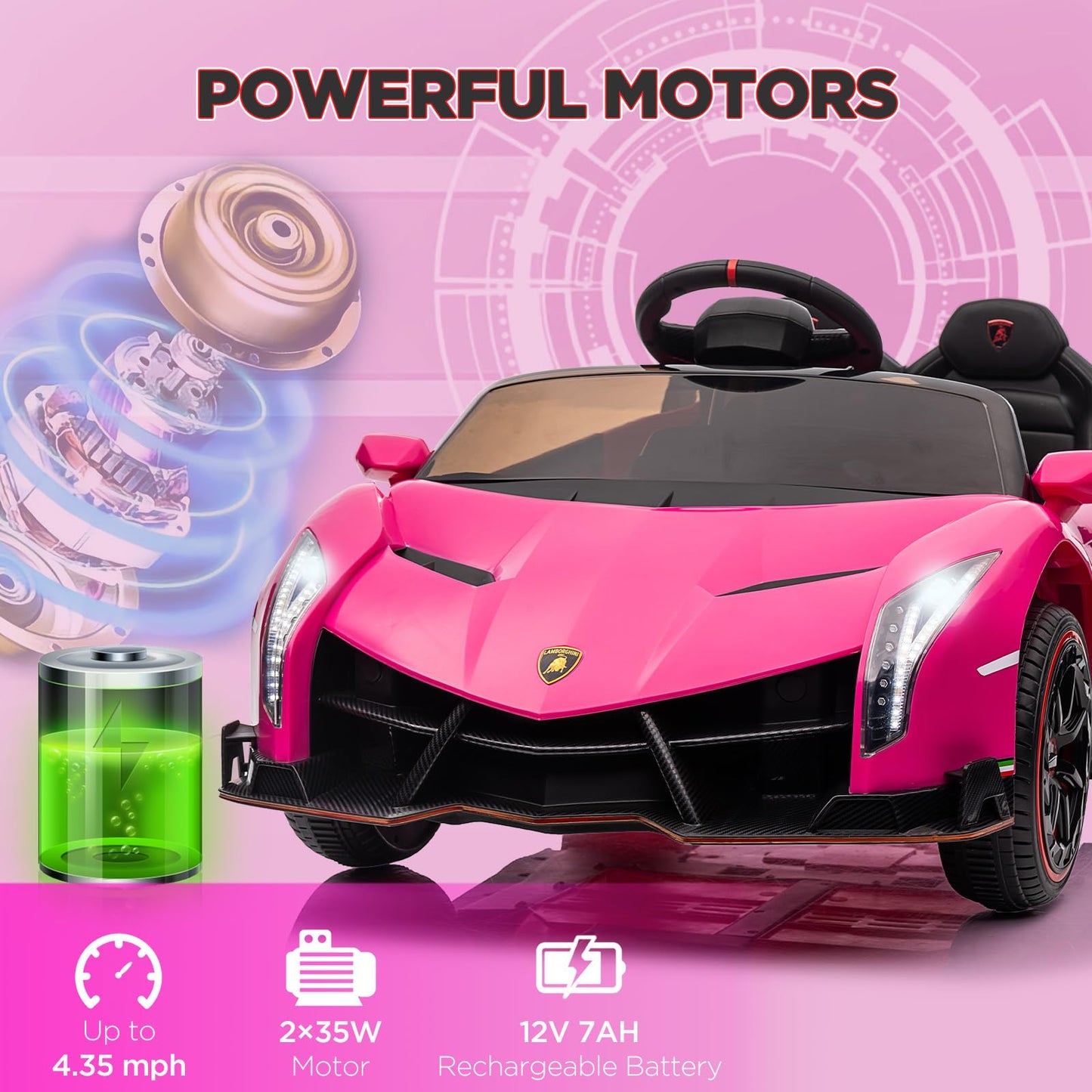Garvee 12V Kids Ride On Car, Licensed Lamborghini Venono Electric Car w/Parent Remote Control, Scissor Door, 3 Speeds, LED Headlights, Rocking & Music, Battery Powered Ride on Toy for Boys Girls- Pink