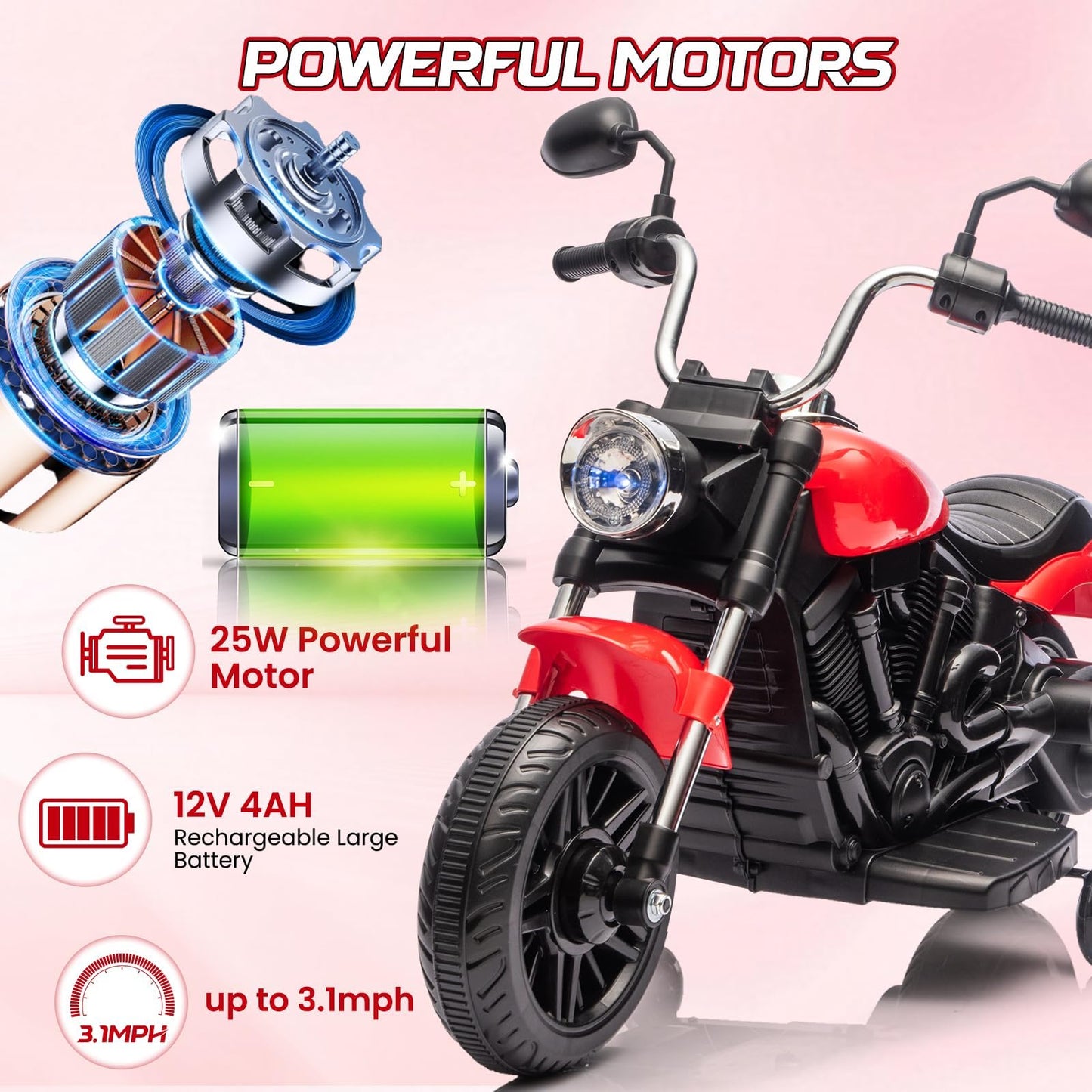 Garvee Ride - P Series: 12V Electric Motorcycle for Kids with Detachable Training Wheels, Soft Start, Reverse Function, Headlight, Horn, Music - Red, Toddler Ride-On Toy
