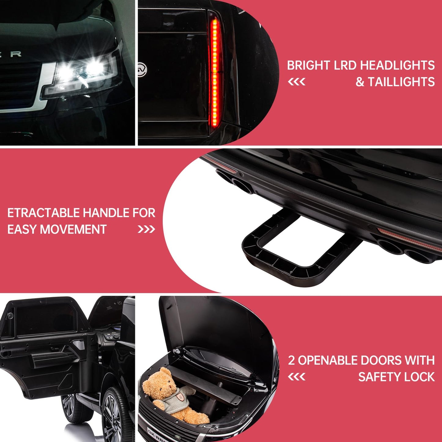 Garvee Ride - P Series: 24V 2-Seater Land Rover Ride-On Car For age 3+, With MP3, 3 Speeds, Remote Control, LED, 4-Wheel Suspension - Black