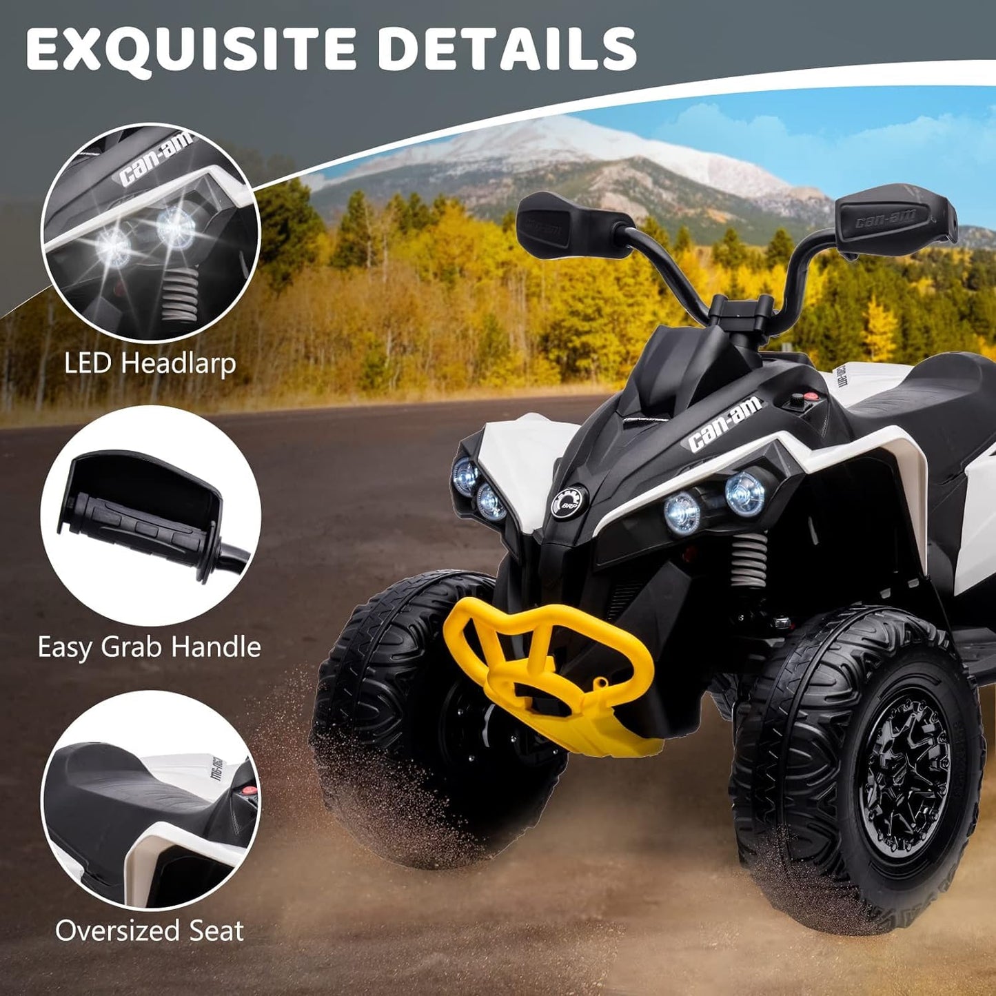 Garvee Ride - P Series: 12V Kids ATV: Can-Am Licensed, Dual Control, LED, Bluetooth, 5MPH, White