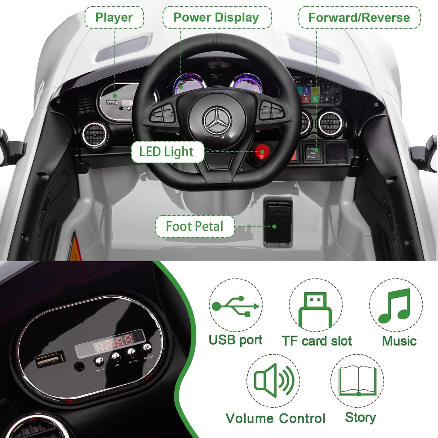 Garvee Ride Car for Kids, 12V Power Battery Electric Vehicles for 3-7 Toddlers, Licensed Mercedes-Benz with Remote Control, MP3 Player - White