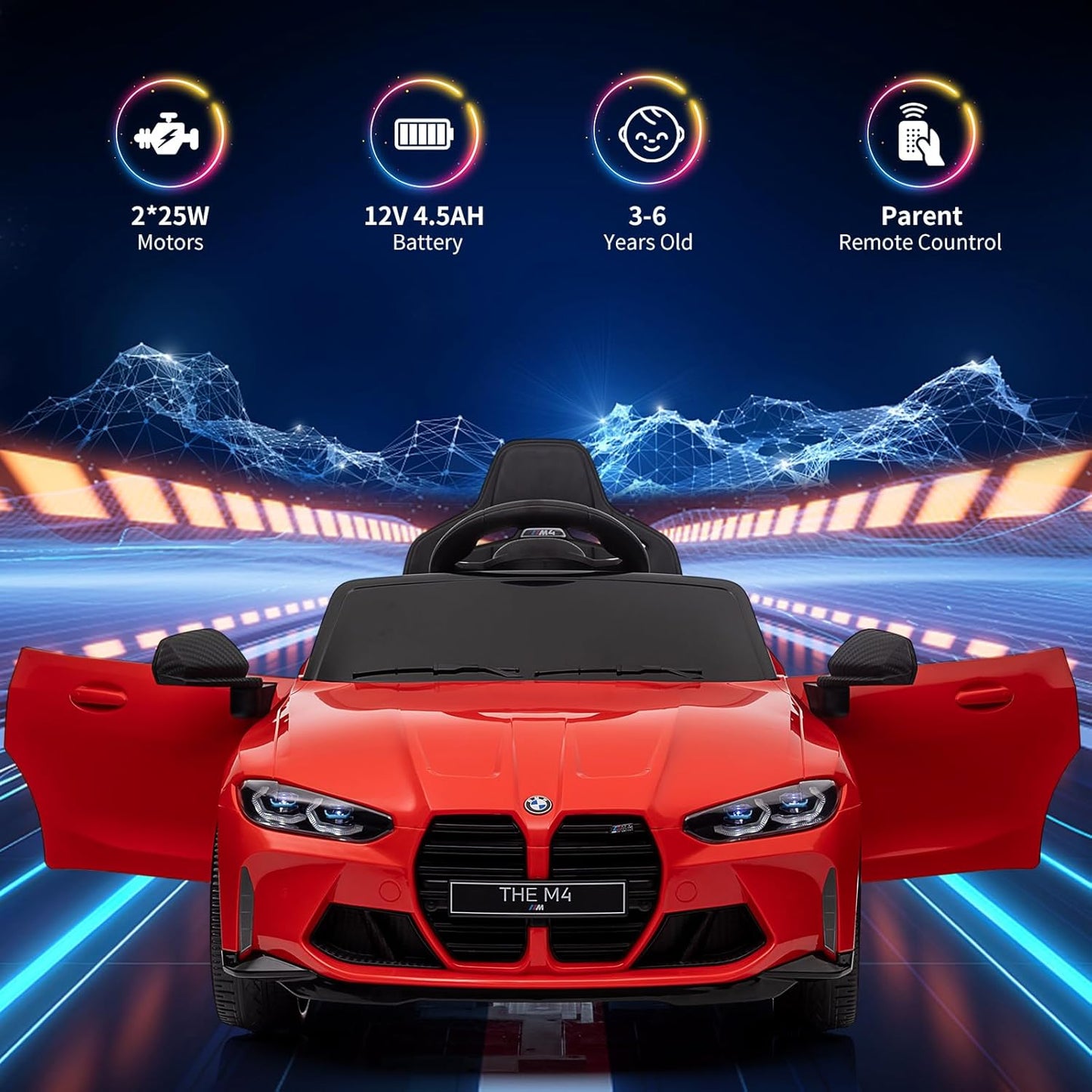 Garvee Ride - P Series: 12V Electric Ride On Car for 37-83 Months, w/RC,Licensed by BMW M4,Power Wheels for Boys Girls, with Suspension System,3 Speeds, Bluetooth, MP3, Double Door, LED Light - Red