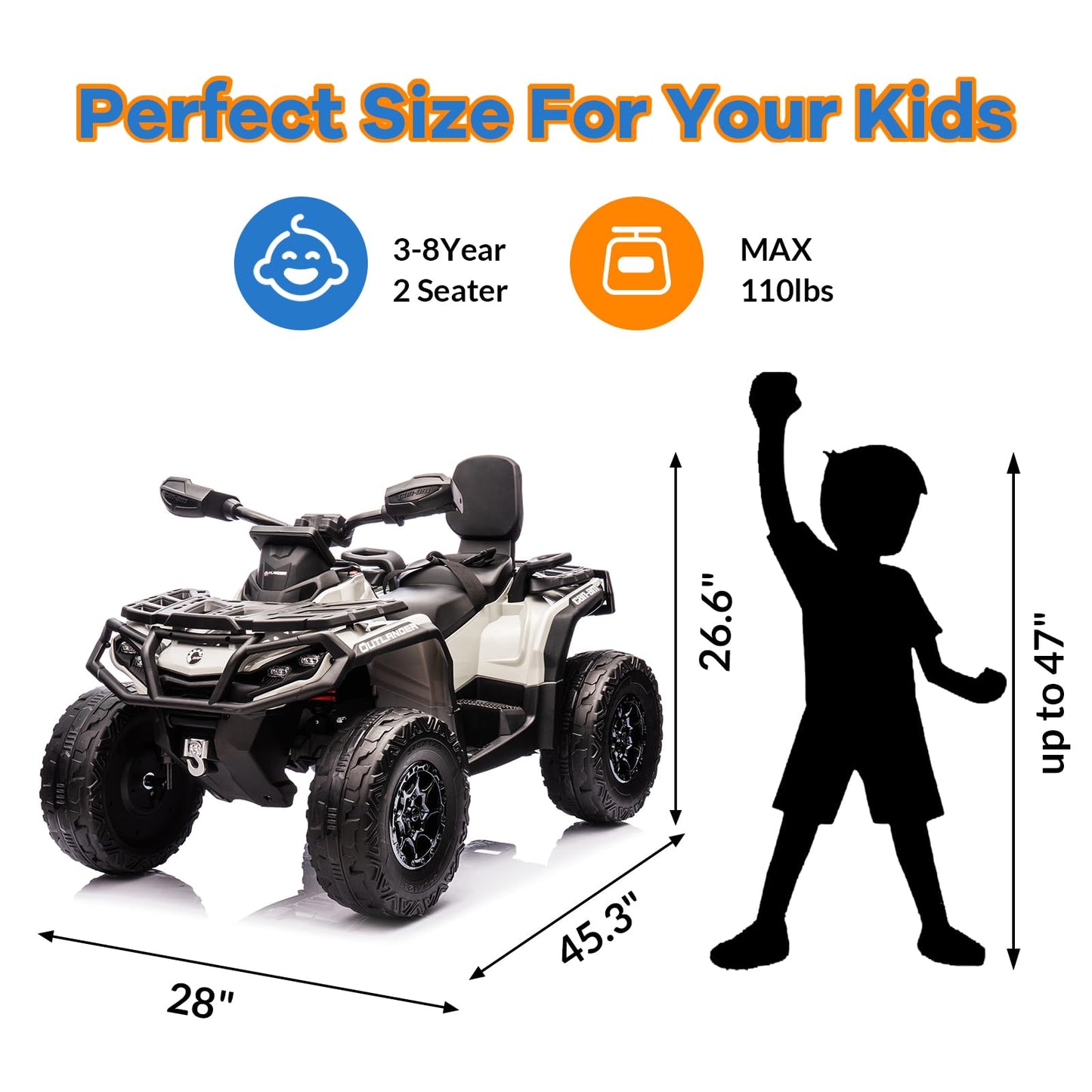 Garvee Ride - P Series: 12V Kids Ride On Electric ATV, 2 Leather Seater ATV Car for Kids,27V Kids Ride On Toys with LED Headlights, Bluetooth & Music, Adjusted Speeds 2-4 MPH, Ride On Toys for Kids 3-8,Gray