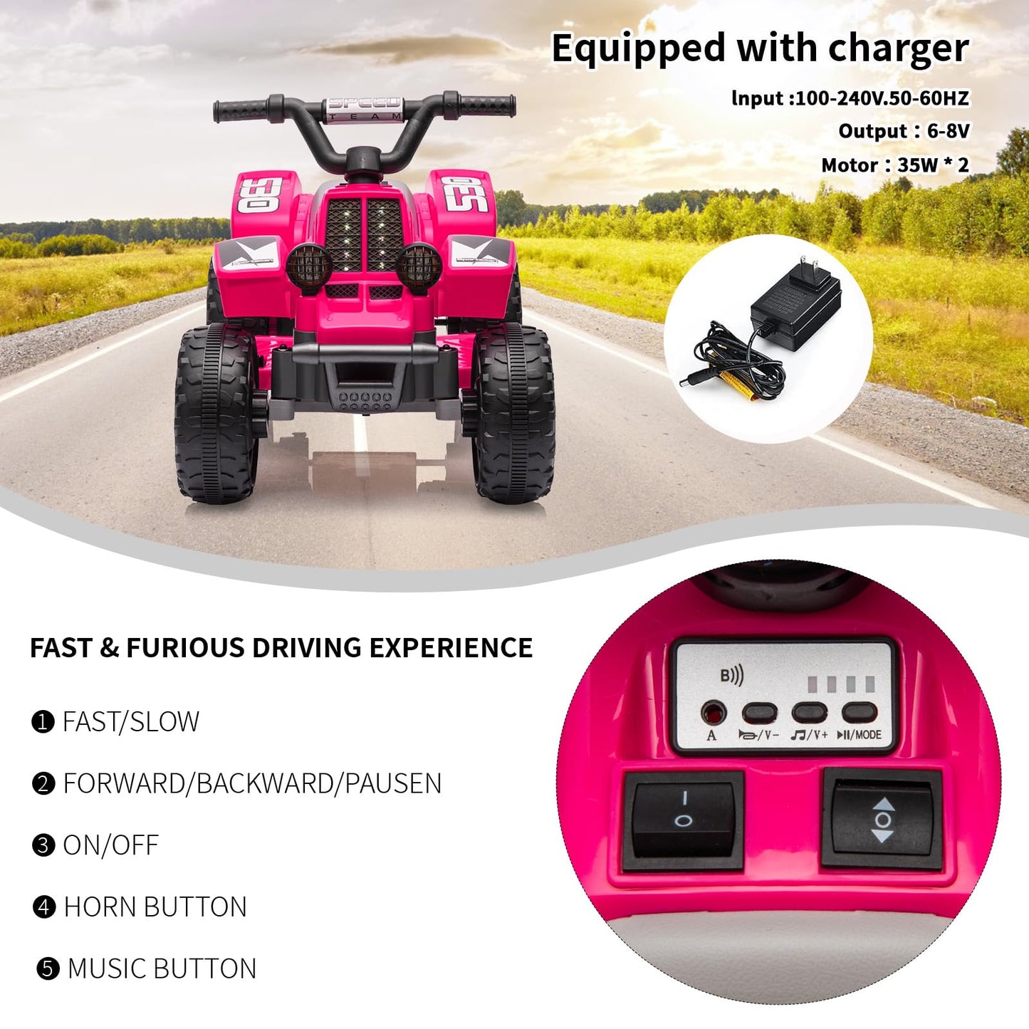 Garvee Ride - P Series: 6V Kids Ride On Electric ATV, Ride Car with LED Headlights, Ride-On Toy for Toddlers 1-3 Boys & Girls with Music, Forward & Reverse - Rose