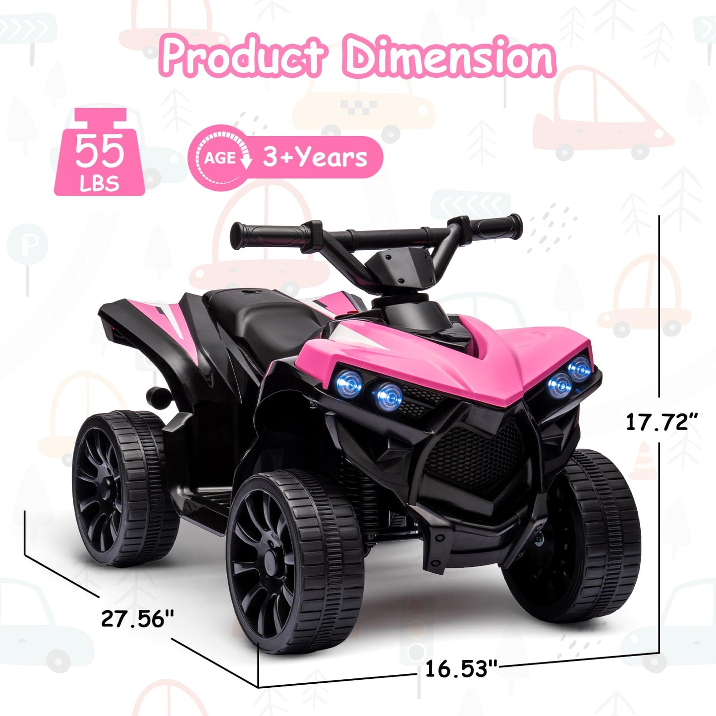 Garvee Ride - P Series: 6V Quad ATV for Kids Toddler 3+ years, Max 55lb Capacity ，With LED, Music, Foot Pedal, Wear-Resistant Wheels, 1.9 MPH - Pink
