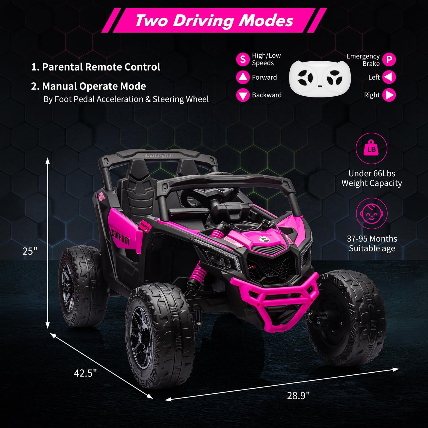 Garvee Ride - P Series: 12V Can-Am Ride-On UTV: Remote Control, Large Seat, Music, LED Lights, Spring Suspension, for Boys & Girls - Rose