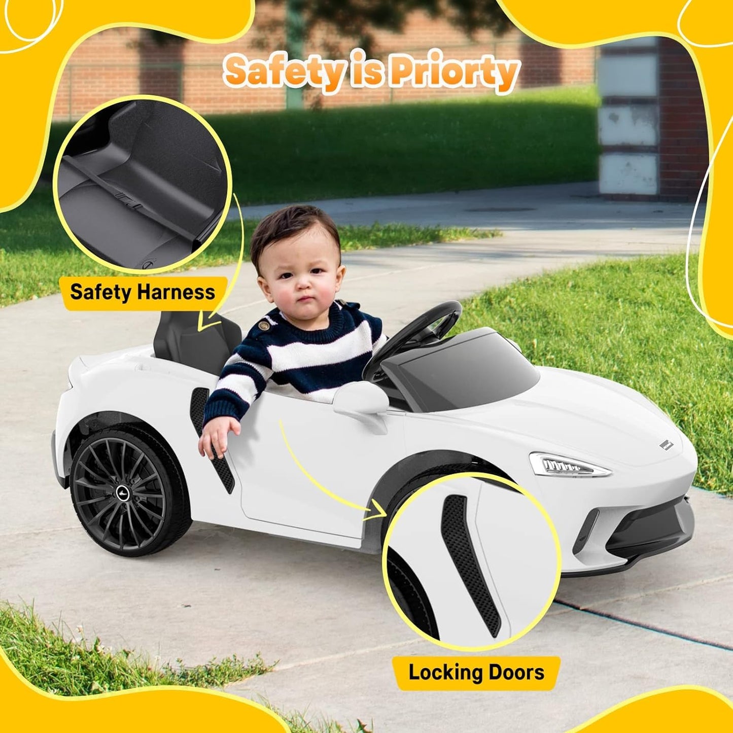 Garvee Ride - P Series: 12V Kids Ride on Car, Licensed Mclaren Battery Powered Electric Car with Remote Control, 3 Speeds, Bluetooth Music, Horn, LED Lights, 4-Wheel Ride on Toys - White