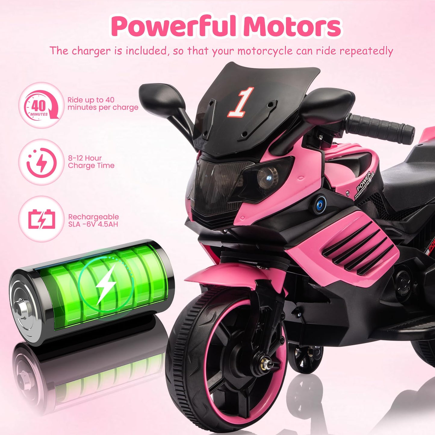 Garvee Kids 6V Ride On Motorcycle Pink With Training Wheels For Toddlers 3-6 Years, Stable Electric Toy Bike
