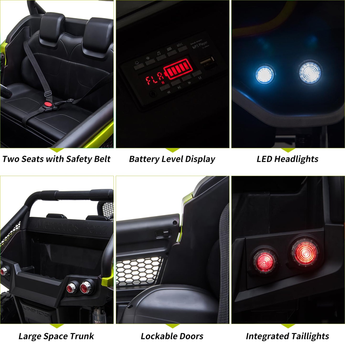 Garvee Ride - P Series: 2 Seater Kids Ride On Truck 24V Ride On Toy Licensed Mercedes Benz Battery Powered Electric Vehicle for Toddles With Remote Control, Battery Display, Trunk, Spring Suspension, Led Lights, Music, Green