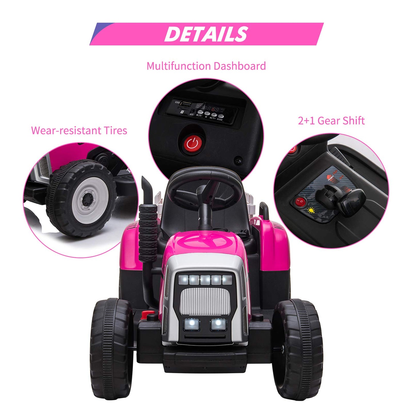 Garvee Ride - P Series: 12V Electric Tractor & Trailer for Kids, 3-6 Yrs - With RC - Rose / 25W