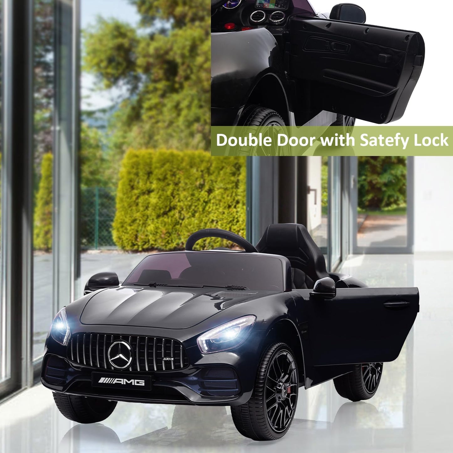 Garvee Ride Car for Kids, 12V Power Battery Electric Vehicles for 3-7 Toddlers, Licensed Mercedes-Benz with Remote Control, MP3 Player - Black