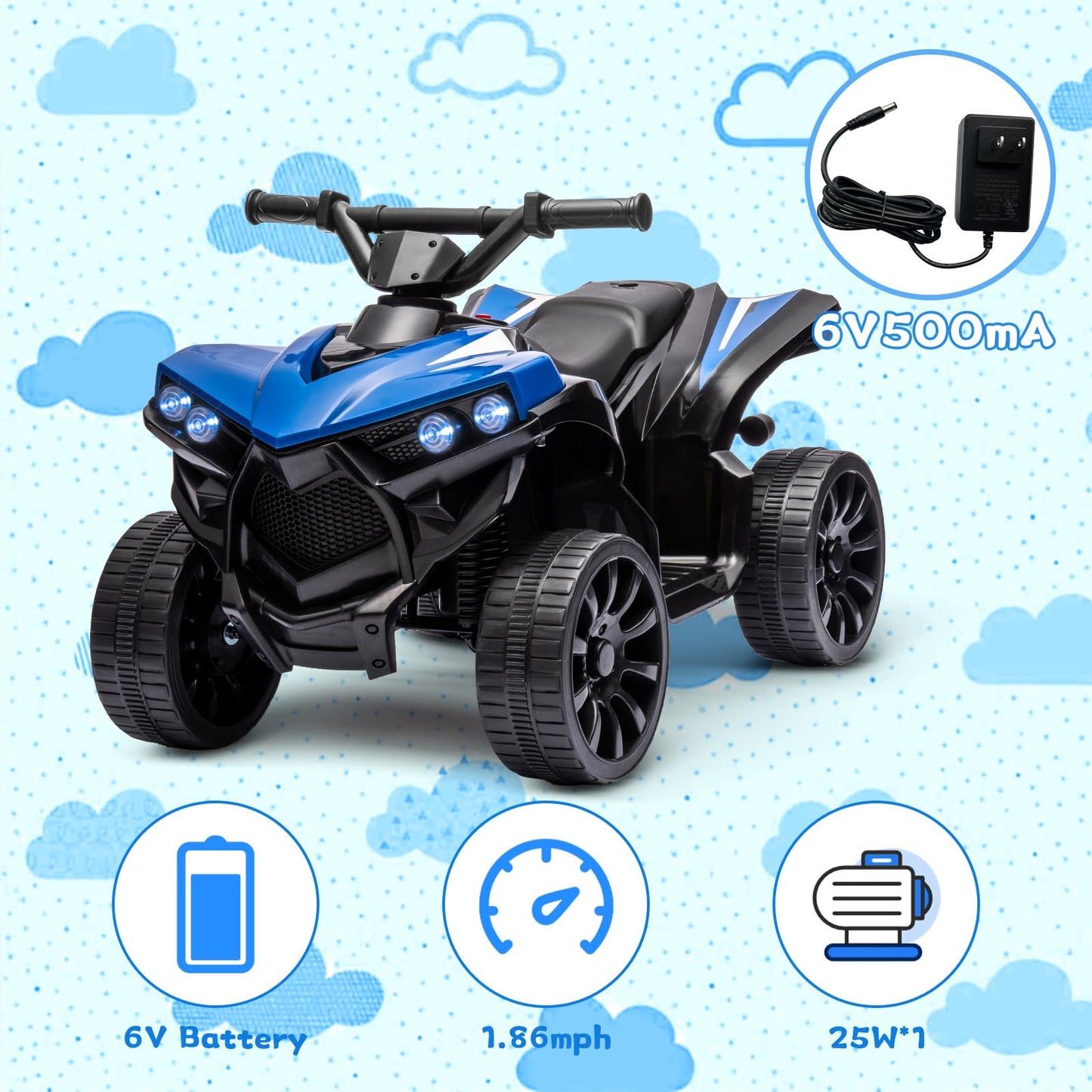 Garvee Ride - P Series: 6V Quad ATV for Kids Toddler 3+ years, Max 55lb Capacity, With LED, Music, Foot Pedal, Wear-Resistant Wheels, 1.9 MPH - Blue