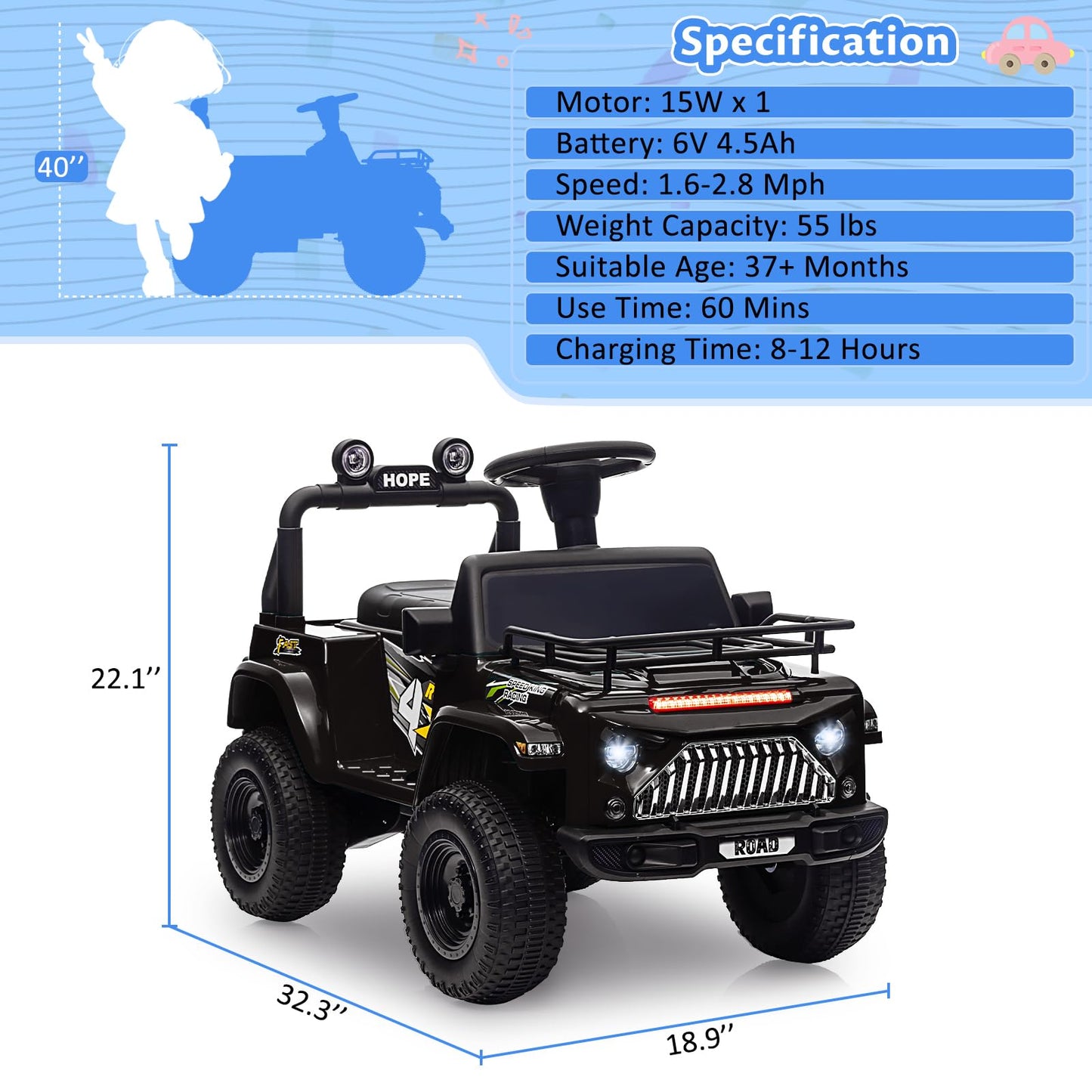 Garvee Ride - P Series: 6V Ride On Car for Toddlers - Battery Powered Electric Car with Music, LED Light, FM, Horn, Rear Storage, 4 Wheels - Black