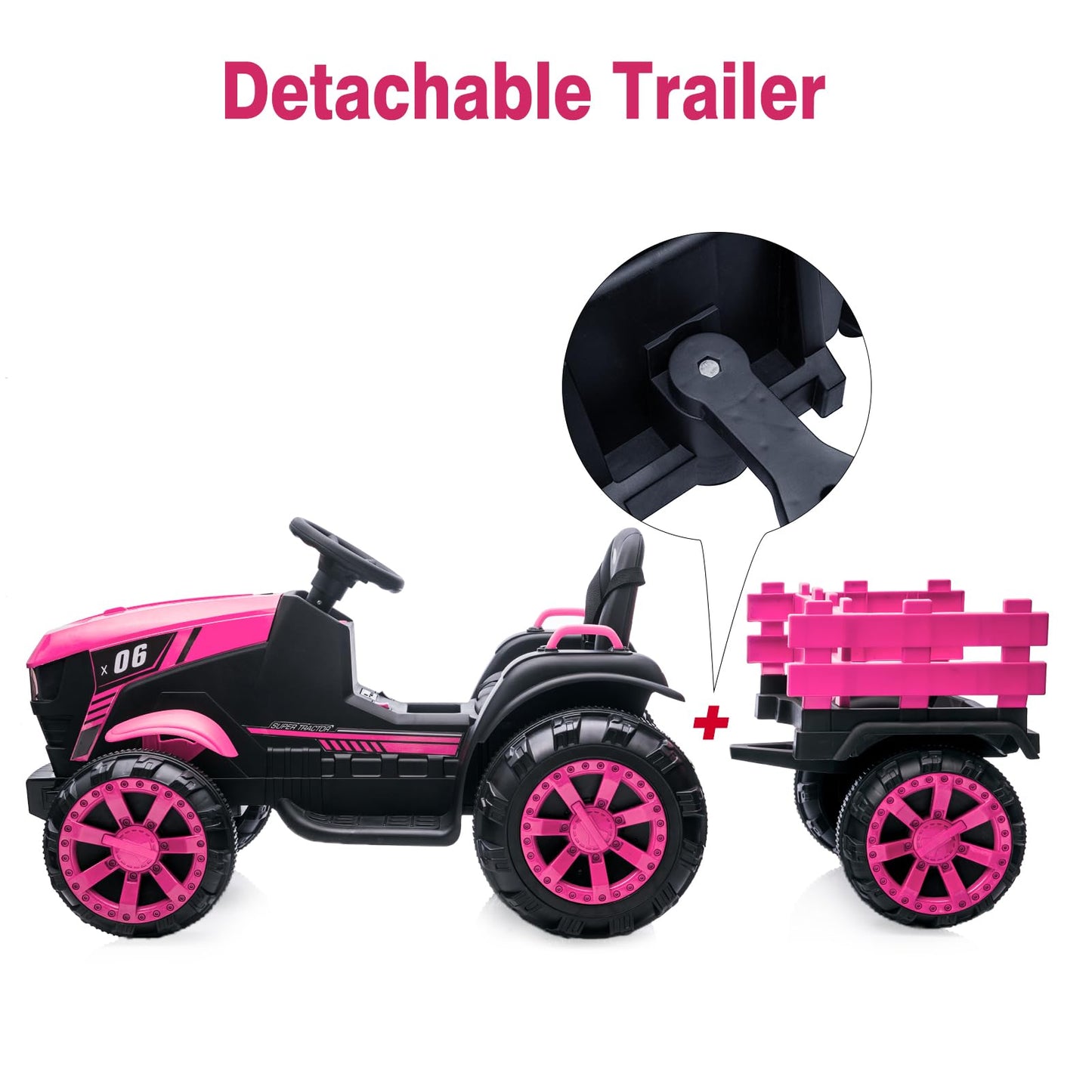 Garvee Ride - P Series: 12V Kids Ride On Tractor with Trailer, LED Lights for Boy Girl - Pink