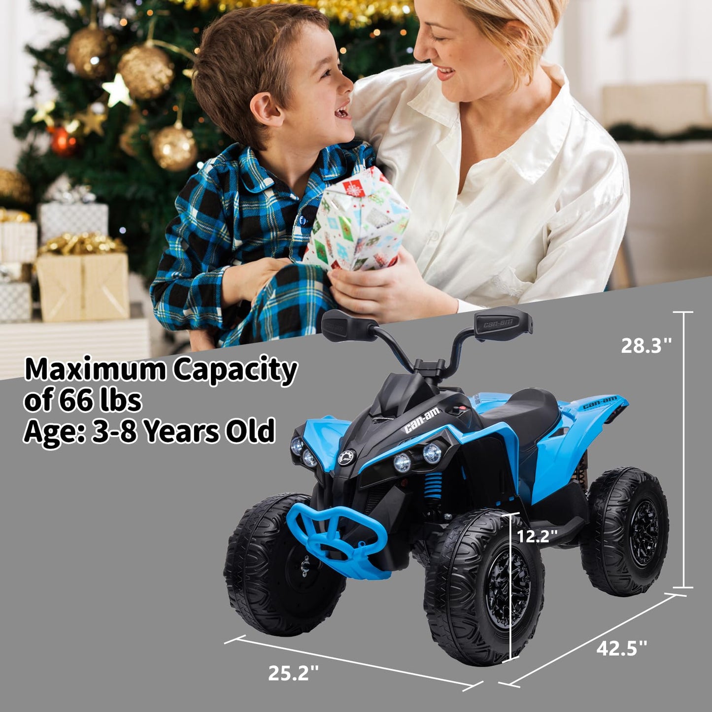 Garvee Ride - P Series: 12V Ride on Toy Car Bombardier Licensed BRP Can-am 4 Wheeler Quad Electric Vehicle, w/LED Lights, Spring Suspension, Bluetooth, Music, USB, Treaded Tires, White - Blue