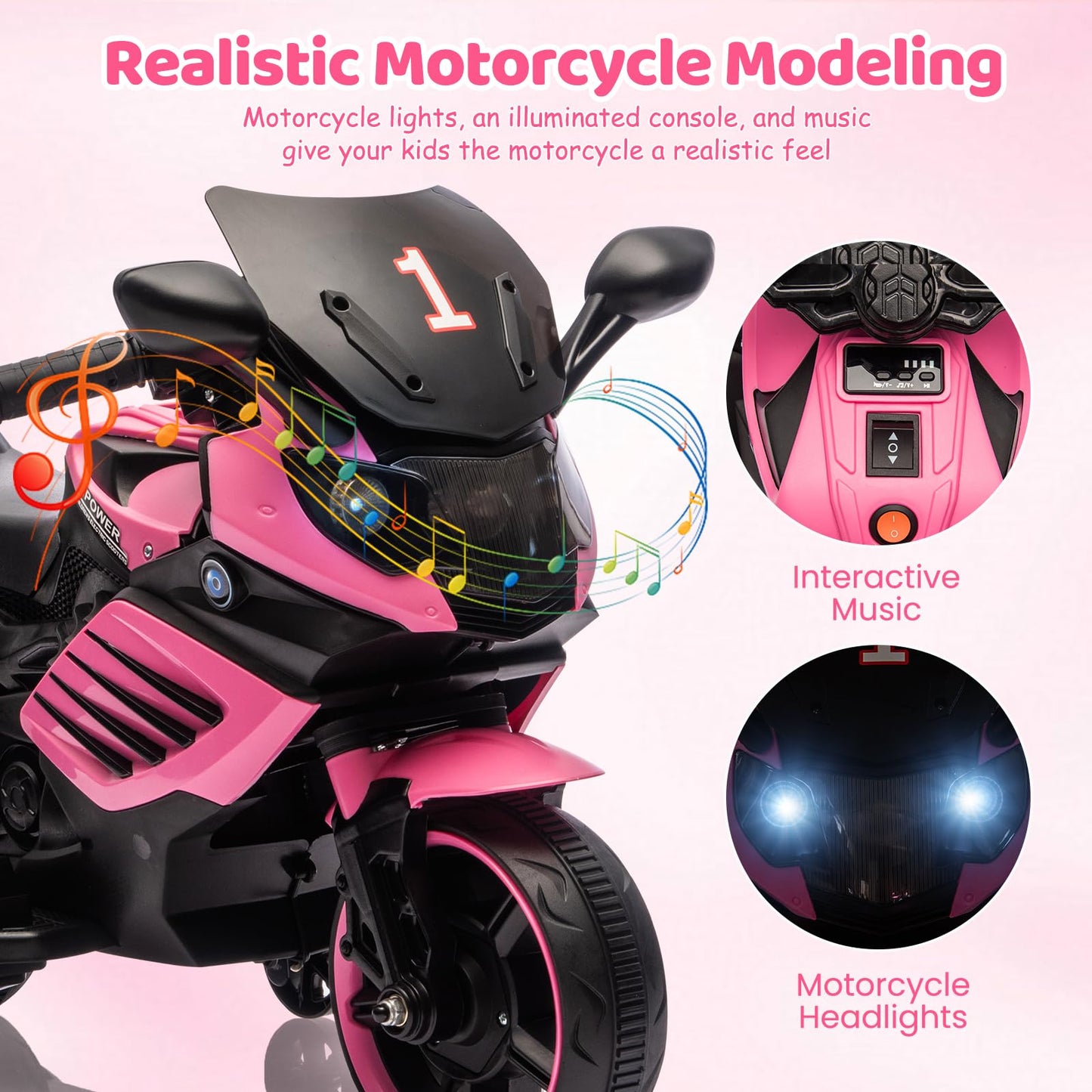 Garvee Kids 6V Ride On Motorcycle Pink With Training Wheels For Toddlers 3-6 Years, Stable Electric Toy Bike