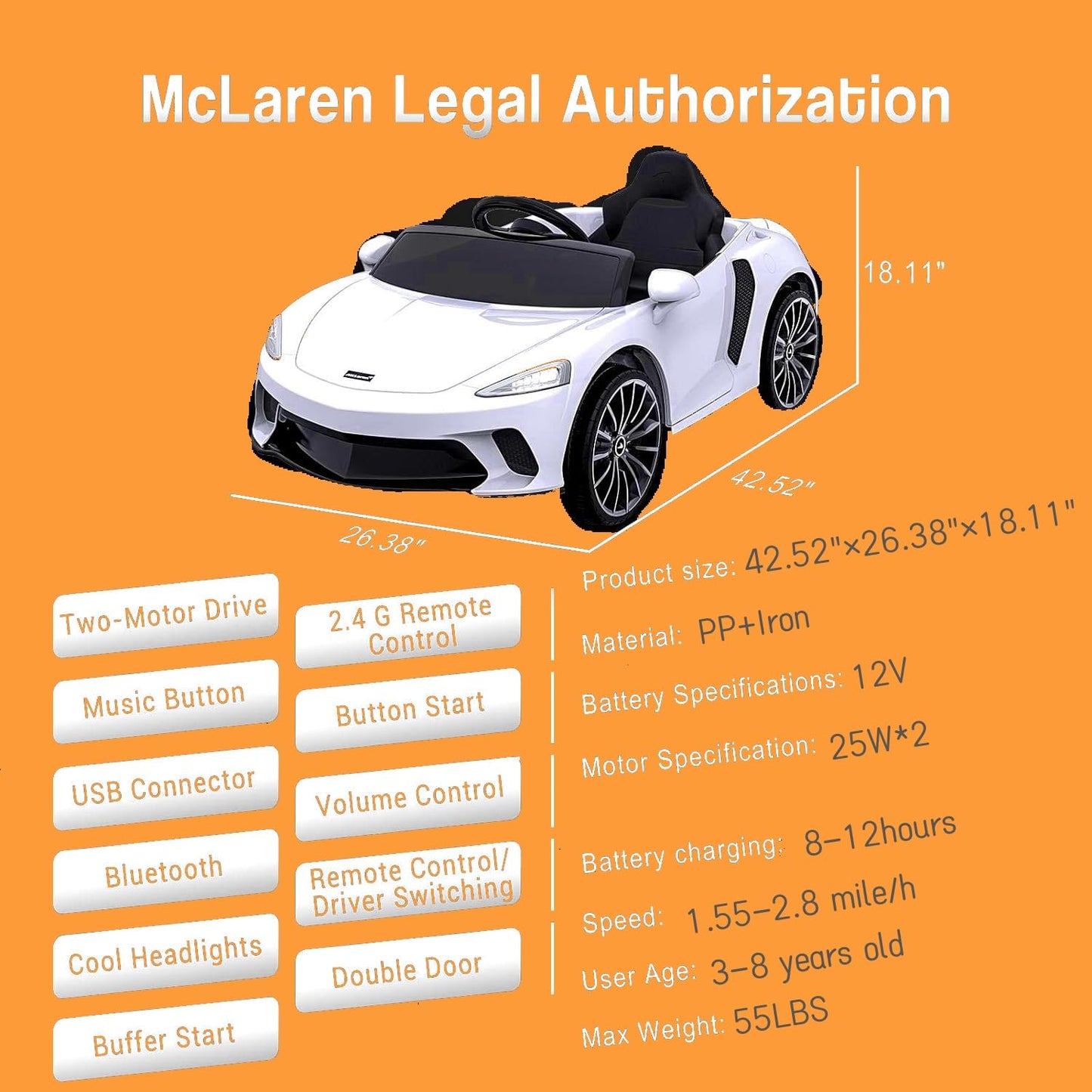 Garvee Ride - P Series: 12V Kids Ride on Car, Licensed Mclaren Battery Powered Electric Car with Remote Control, 3 Speeds, Bluetooth Music, Horn, LED Lights, 4-Wheel Ride on Toys - White