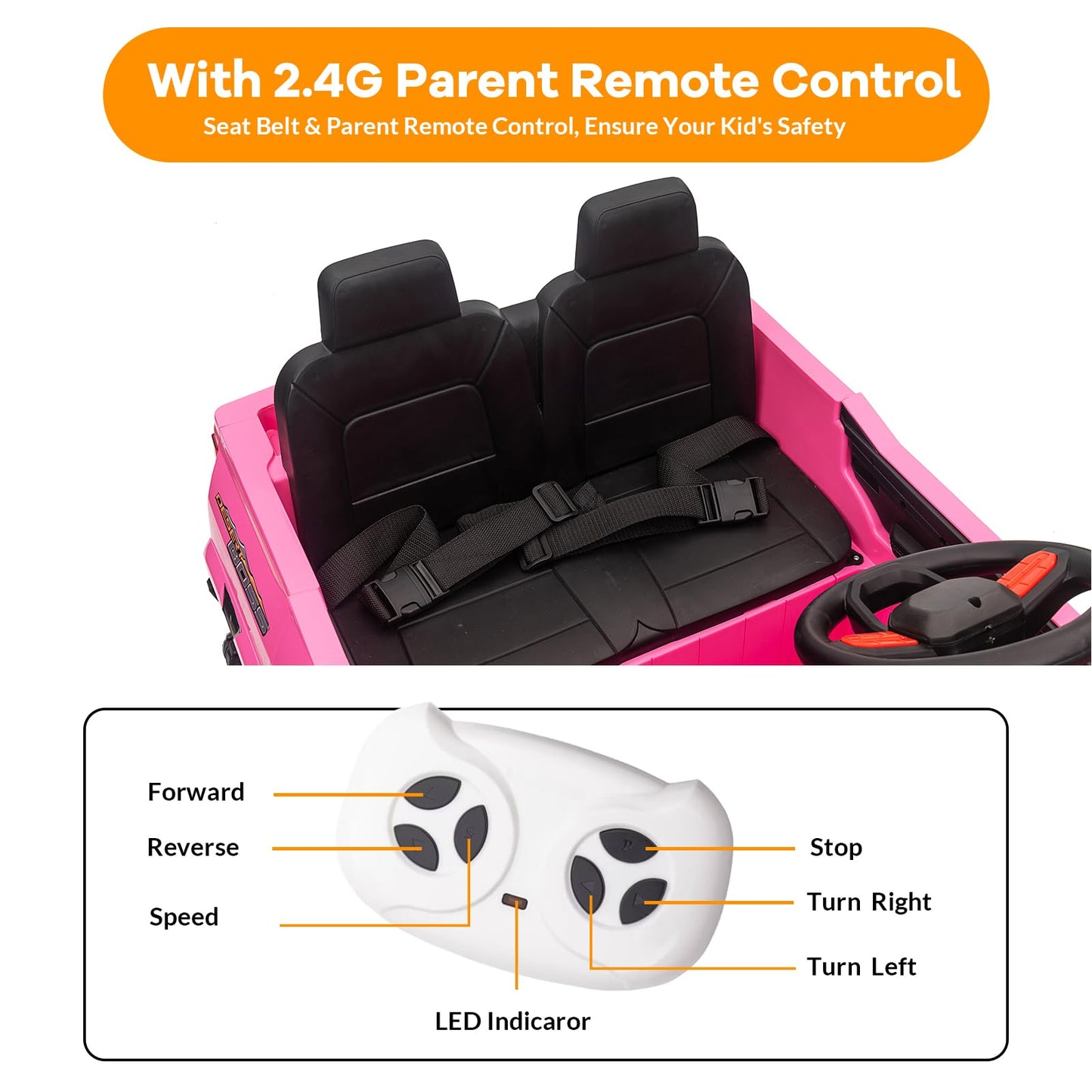 Garvee Ride - P Series: 2 Seater Ride on Car Electric Vehicles w/Remote Control, 24V Battery, Dual Drive, LED Lights, Bluetooth, MP3, Kids Electric Vehicles with Spring Suspension, Pink