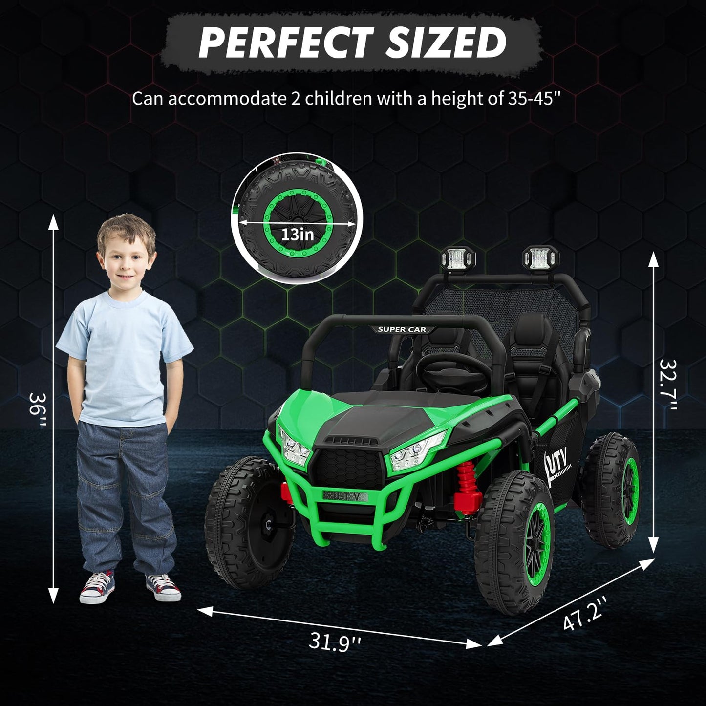 Garvee Ride - P Series: 24V 2 Seater Ride On Car, XXXL Off-Road Utv for Kids w/Metal Frame, 20 Inch Wide Seat, 400W Electric Vehicle Toy Car w/Pop Music, 3 Speeds for Boys and Girls,Green