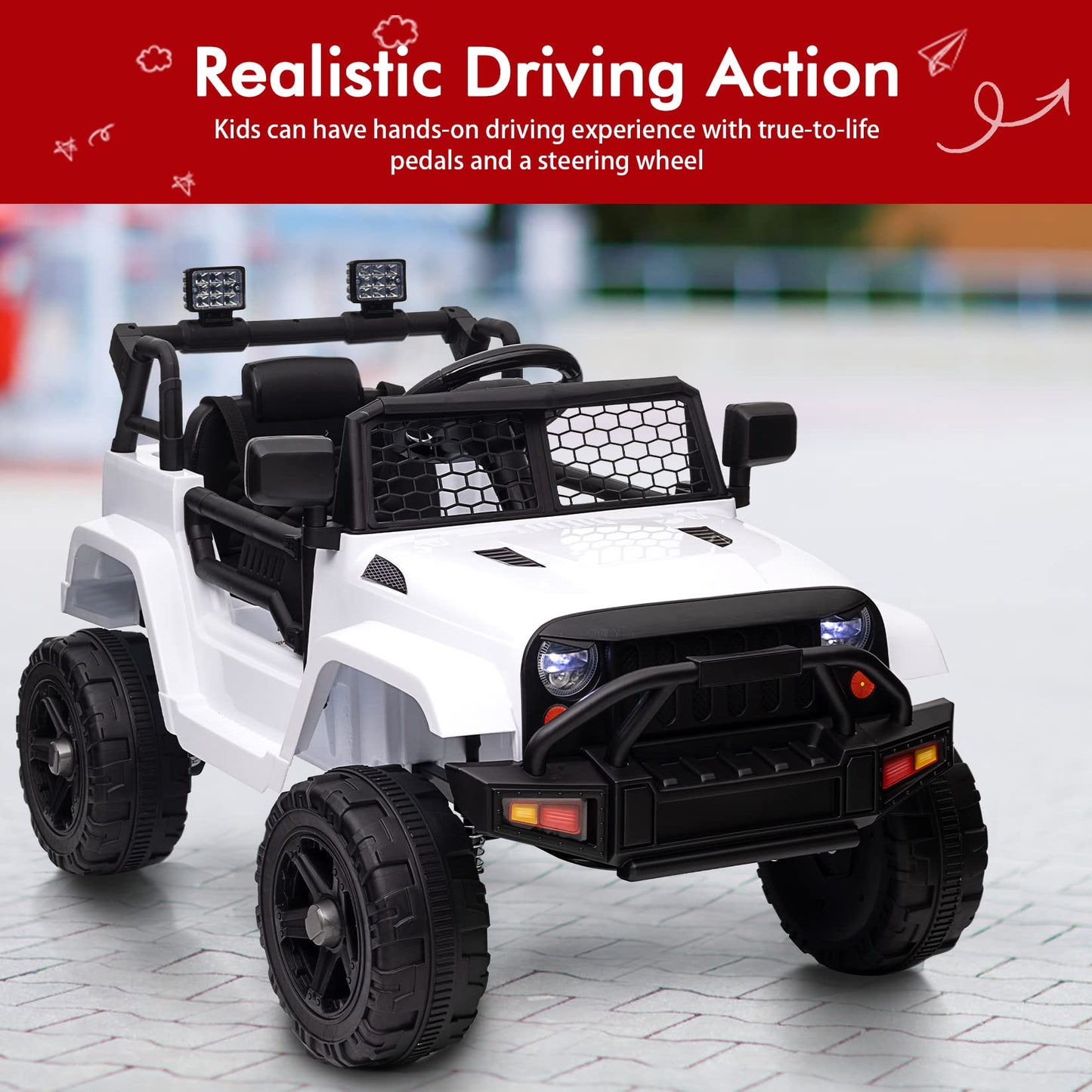 Garvee Ride - P Series: 12V Ride On Truck Car for kid : Remote Control, 3 Speeds, MP3 Music, Suspension, LED Lights,for 3+ Year Old - White