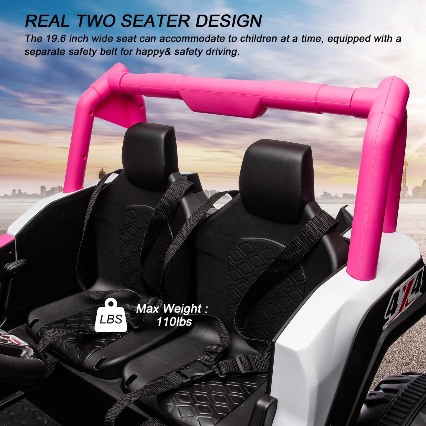 Garvee Ride - P Series: 24V 2-Seater Ride-On UTV: 4WD, Remote Control, Metal Frame, EVA Wheels, LED Lights, Spring Suspension, for Ages 3+ - Pink