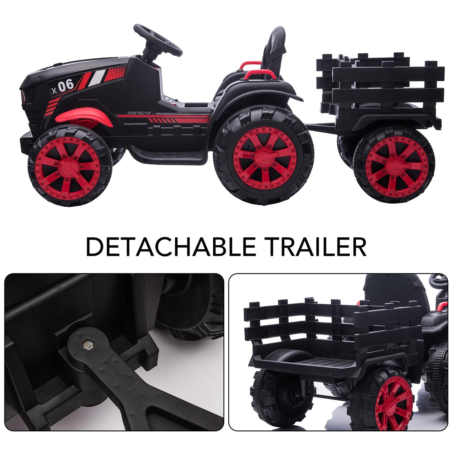 Garvee Ride - P Series: 12V Kids Ride On Tractor with Trailer, LED Lights for Boy Girl - Black