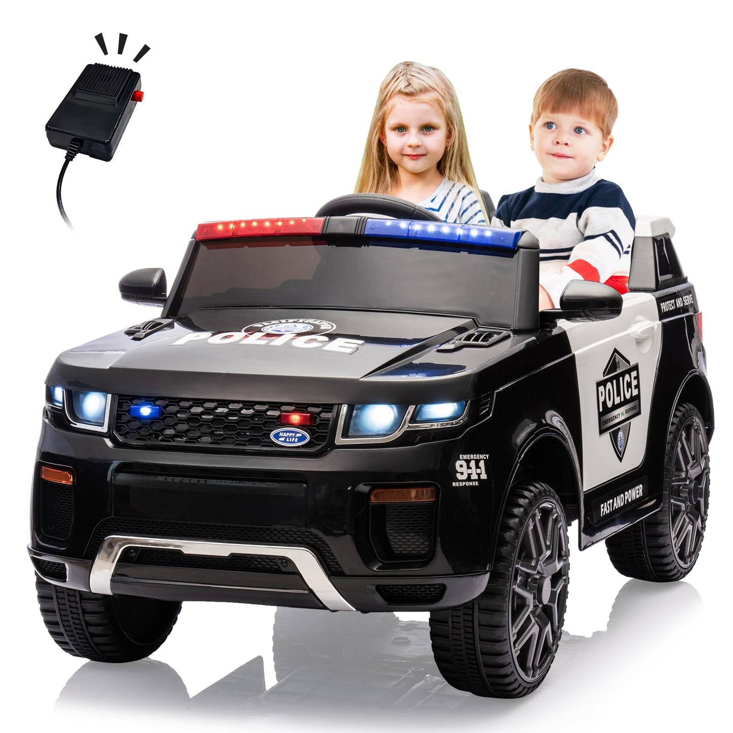 Garvee Ride - P Series: 12V Kids Ride On Police Car Suv Battery Operated Ride On Toy Toddlers Electric Cars With 2.4G Remote Control, LED Flashing Light, Megaphone, Spring Suspension, Handle, Music, Black